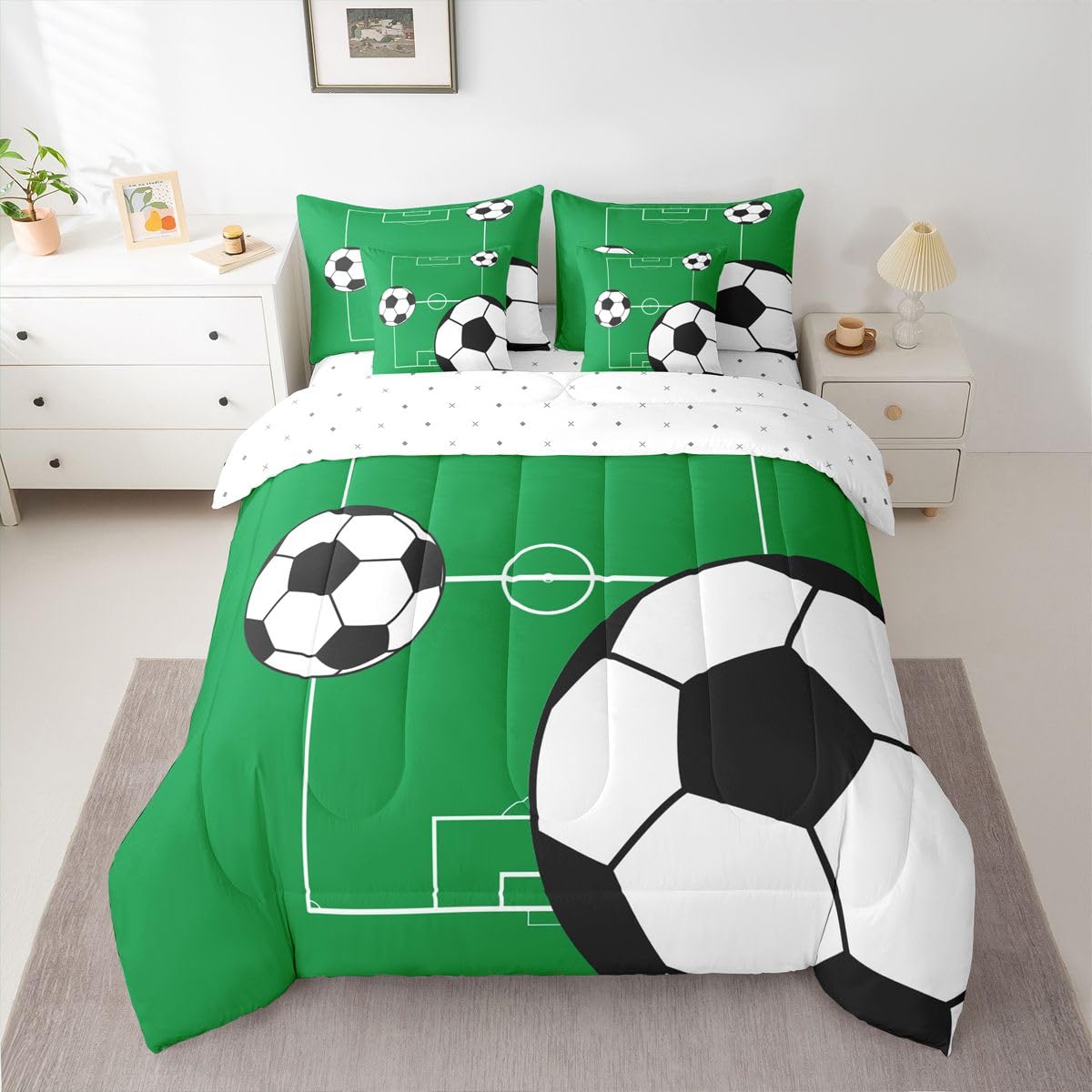 Erosebridal Football 7 Piece Bedding Set Full Boys Sports Theme Comforter Set with Sheets Soccer Ball Pattern Playground Bed in a Bag Football Court Green White for Kids Boys Girls