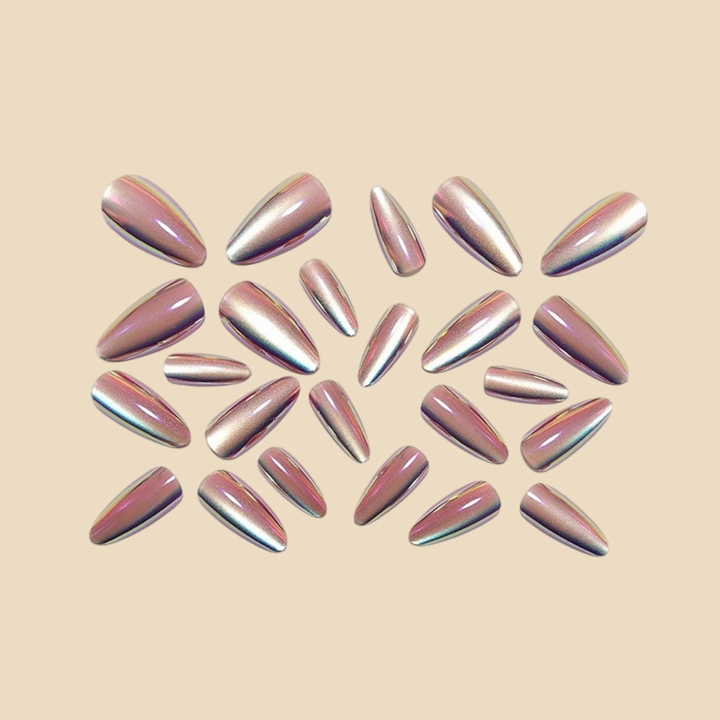 RUOKEXIN Almond Press on Nails Medium Length Fake Nails Pink Chrome False Nails with Cat Eye Designs Full Cover Nail Press ons Sparkly Artificial Nails for Women 24Pcs