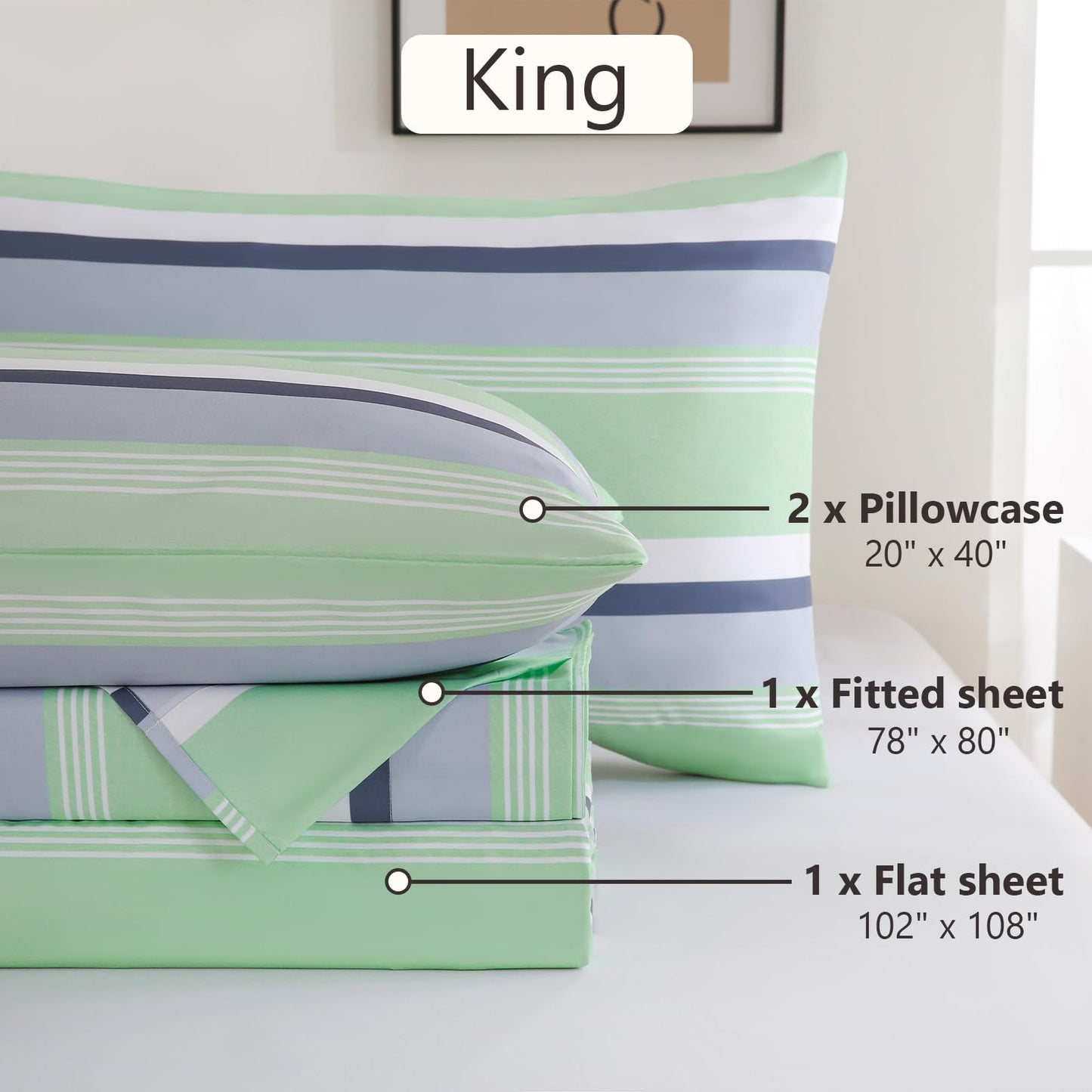 MCO 4Pieces Striped Sheets Set, Breathable King Sheet Set with 16" Deep Pocket,Modern & Luxury, Brushed Microfiber Bedding Set(King, Green Gray)