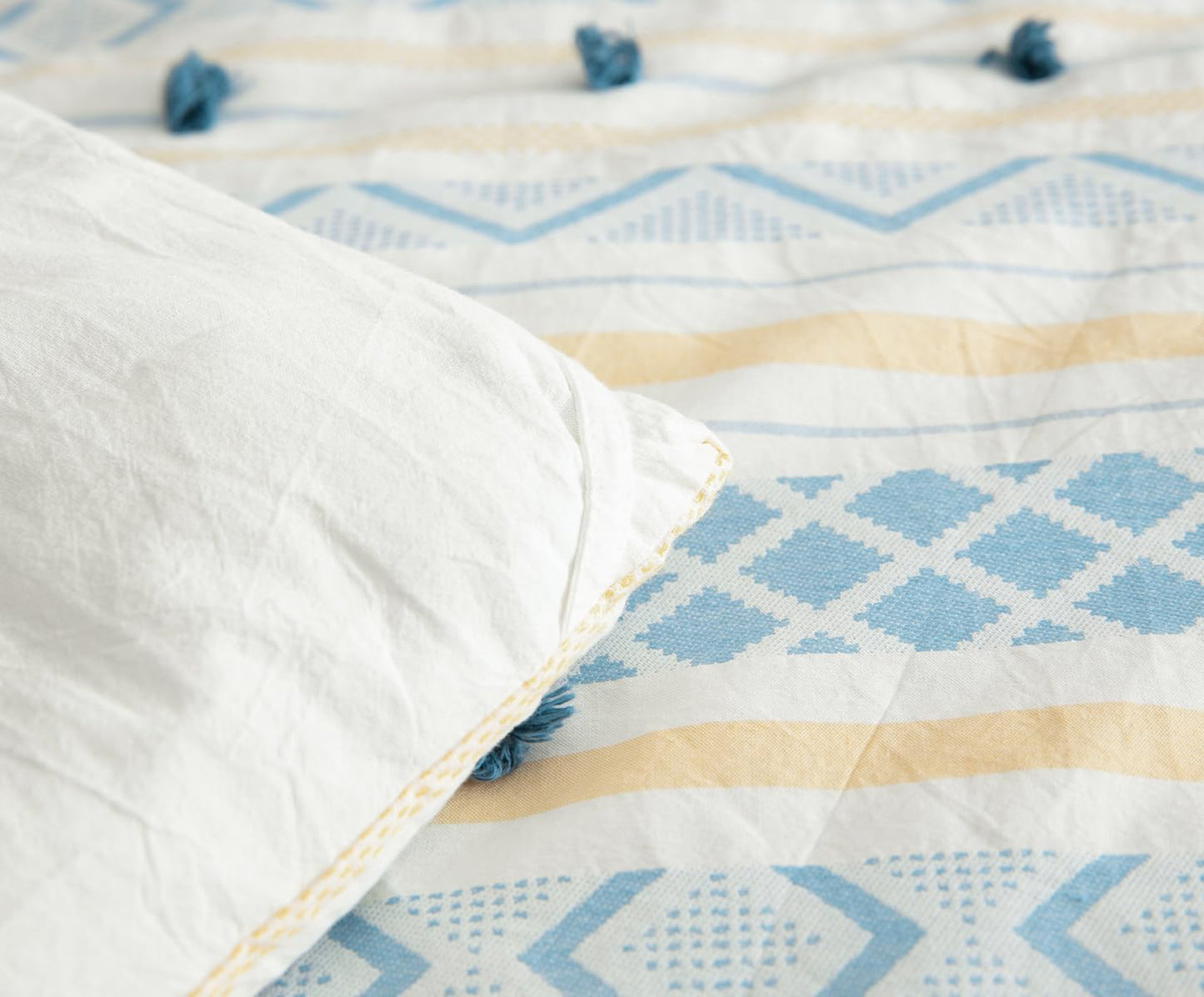 SLEEPBELLA Washed Double Layer Muslin 100% Cotton Comforter Set King Size, Yellow Blue Boho Fluffy Thick Checked Bedding Set, Soft Breathable (1 Comforter, 2 Pillow Shams)