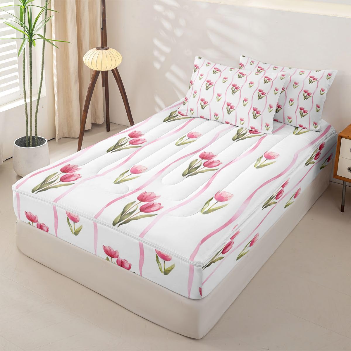 Feelyou Flroal Comforter Set Sizetulip Flowers Zipper Bedding Queen Spring Blossom Boys Girls Bed in A Bagbotanical Bed Sheet Sets with Fitted Sheet Pillowcases for Bedroom Decorpink White Green