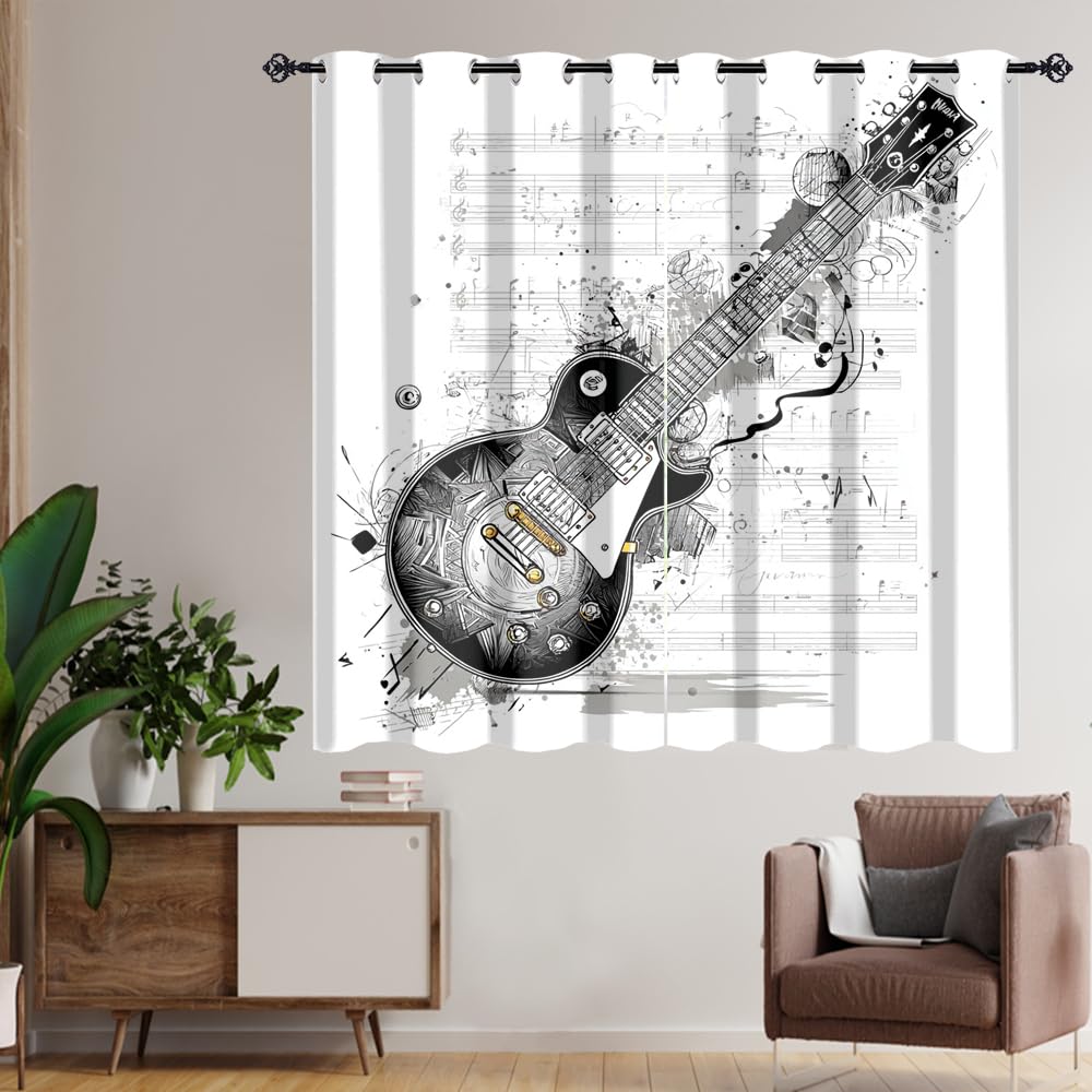 XSUPFLYM Classic Musical Notes Guitar Window Blackout Curtains Beautiful Abstract Rock Music Theme Black&White Guitar Thermal Curtains Suitable for Bedroom 2 Panels.Each 21" W x 45" L