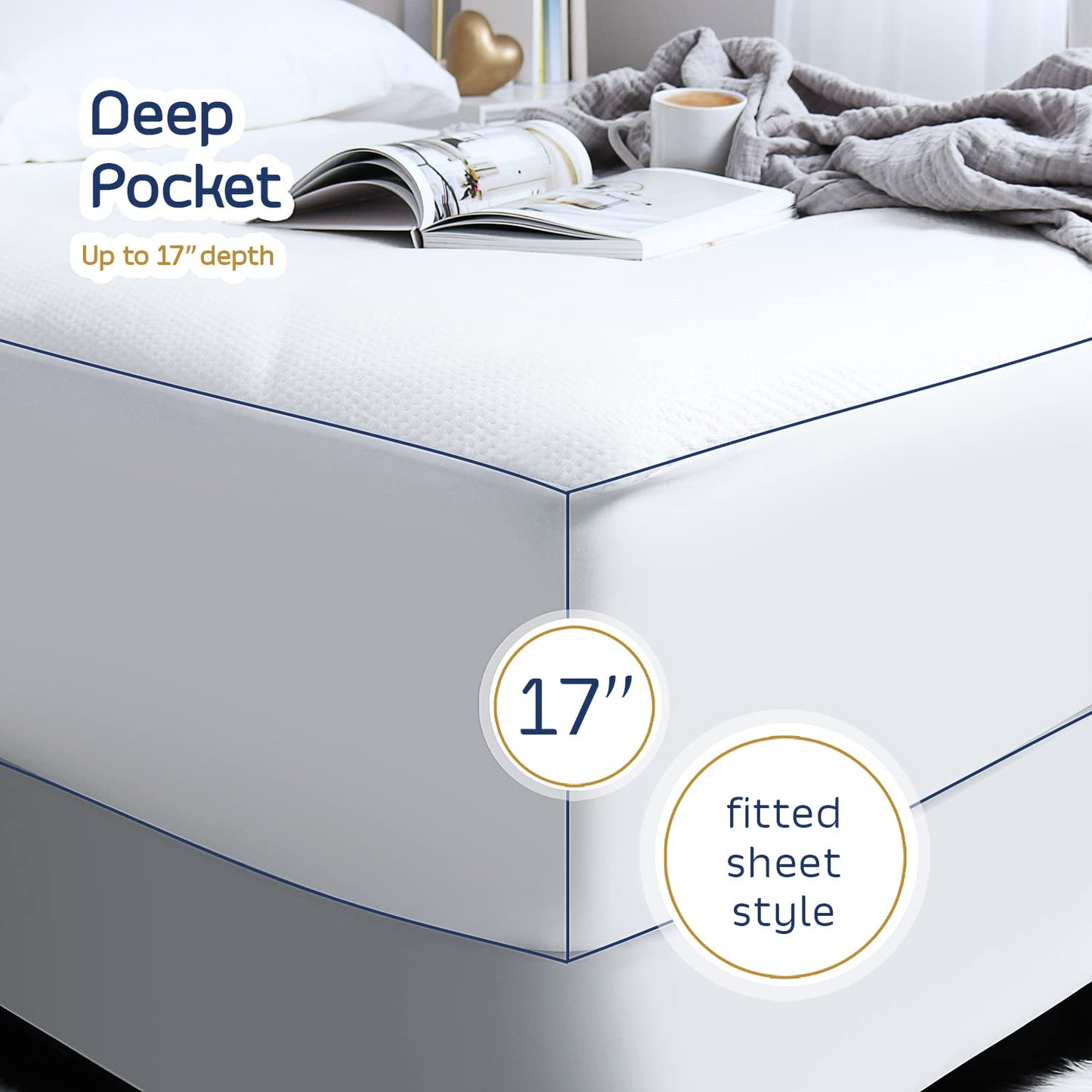 Nestl Waterproof Mattress Protector, Washable Mattress Cover, Fitted Mattress Pad with 17" Deep Pocket (Queen)