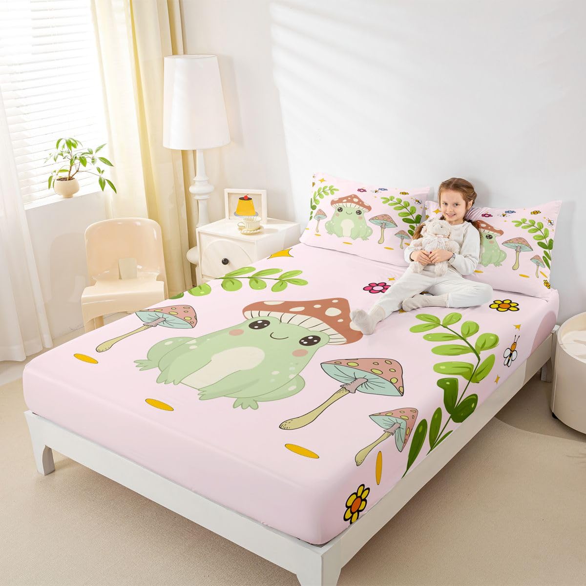Feelyou Cute Frog Bedding Fitted Sheet Mushroom Bedding Sheets for Kids Boys Girls Natural Wild Fungus Bed Sheet Set Botanical Plants Bed Cover 1 Bed Sheet Set with 2 Pillowcases Full Size