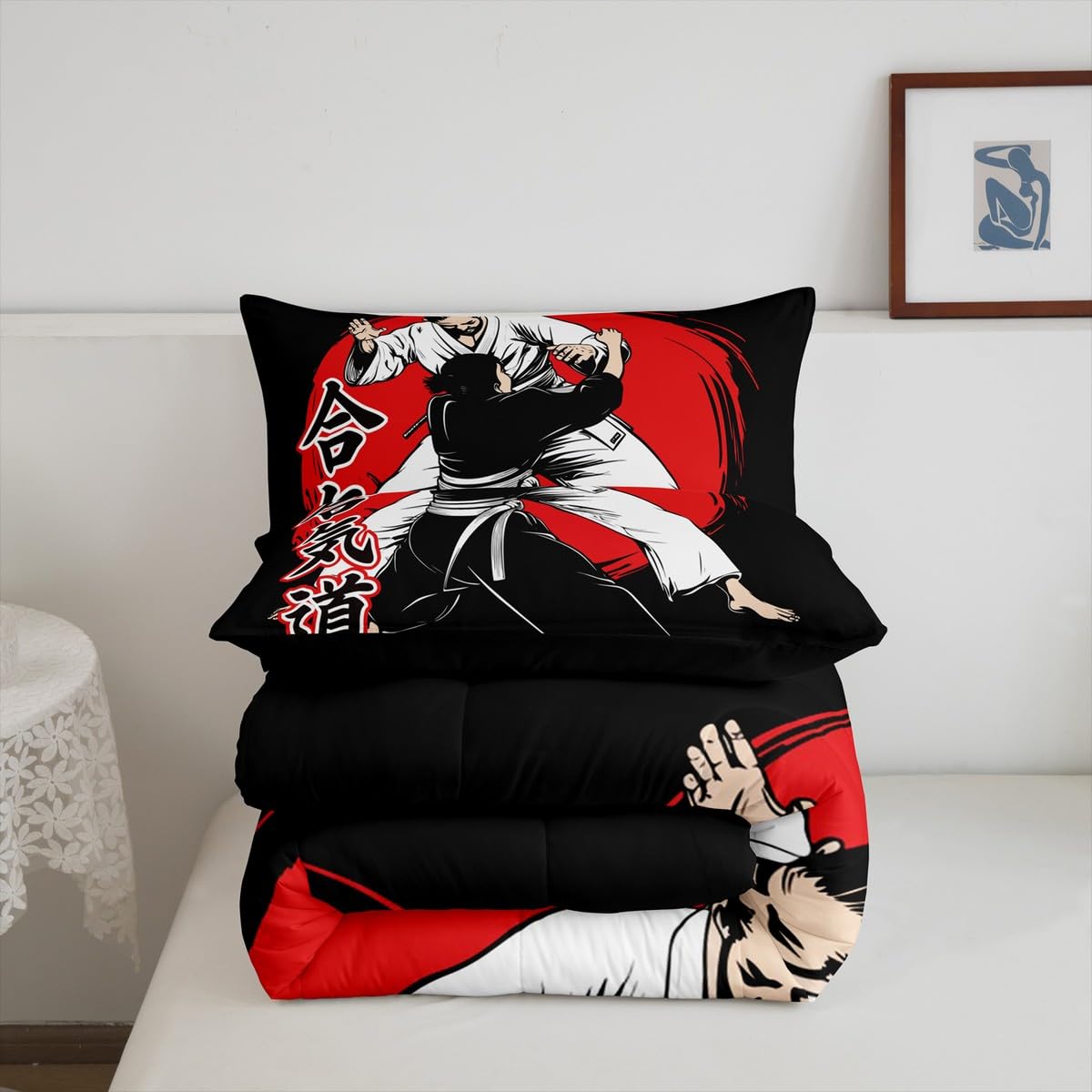 Erosebridal Japanese Comforter Set Samurai Bedding Set Karate Down Comforter for Kids Boys Japanese Culture Sunset Duvet Insert with 1 Comforter and 1 Pillow Case Twin Size Black Soft