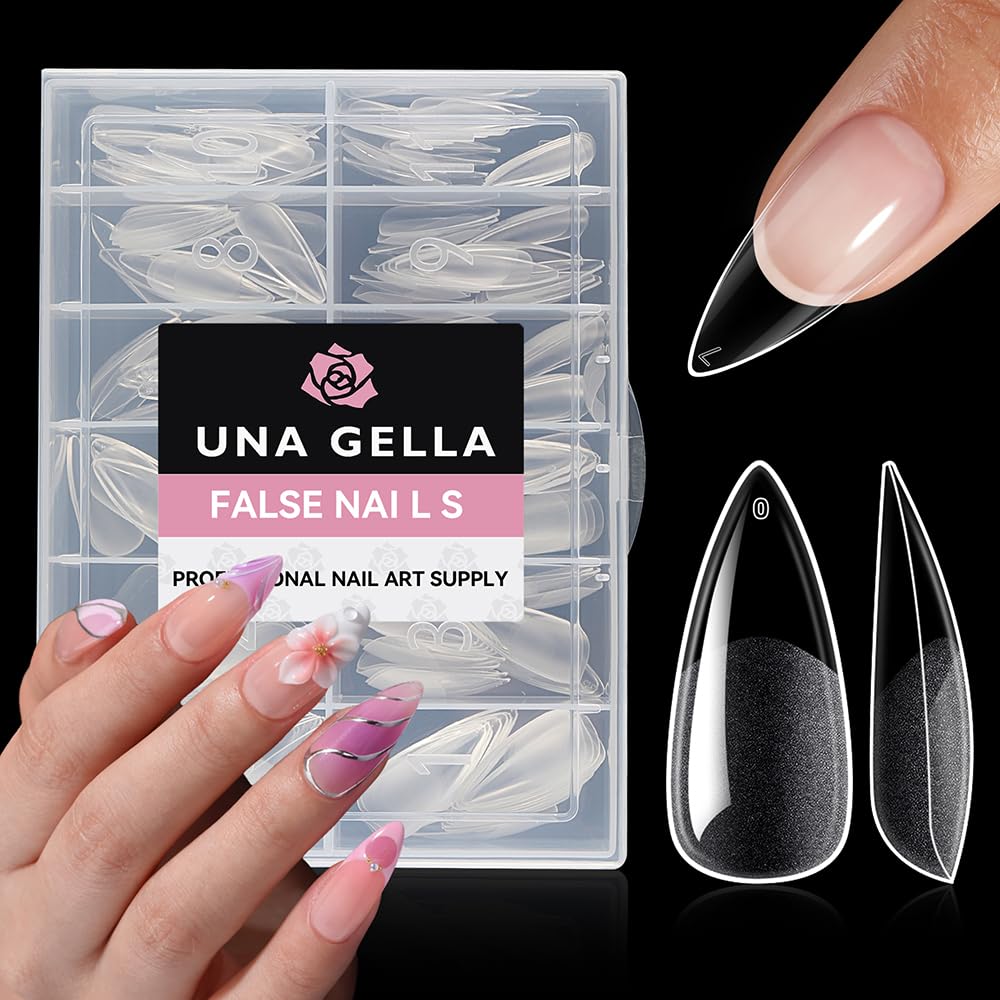 UNA GELLA Medium Stiletto Gel Nail Tips Full Cover 216Pcs Almond Shape Nails Tips Stiletto Pre etched Soft Gel Nails Clear Fake False Nail Tip For Home Art Salon 12 Sizes