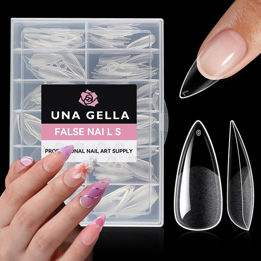 UNA GELLA Medium Stiletto Gel Nail Tips Full Cover 216Pcs Almond Shape Nails Tips Stiletto Pre etched Soft Gel Nails Clear Fake False Nail Tip For Home Art Salon 12 Sizes