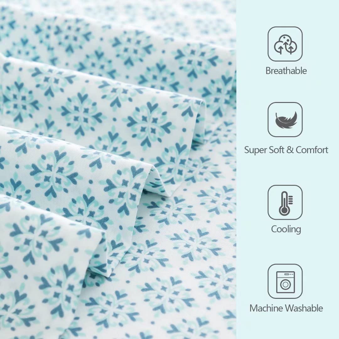 California King Sheet Set 4PC Printed Greenish Blue Floral Pattern Double Bed Luxury Cooling Soft 100% Microfiber Brushed Sheets 17” Deep Pocket, Easy Care, Breathable, Wrinkle Free, Machine Washable