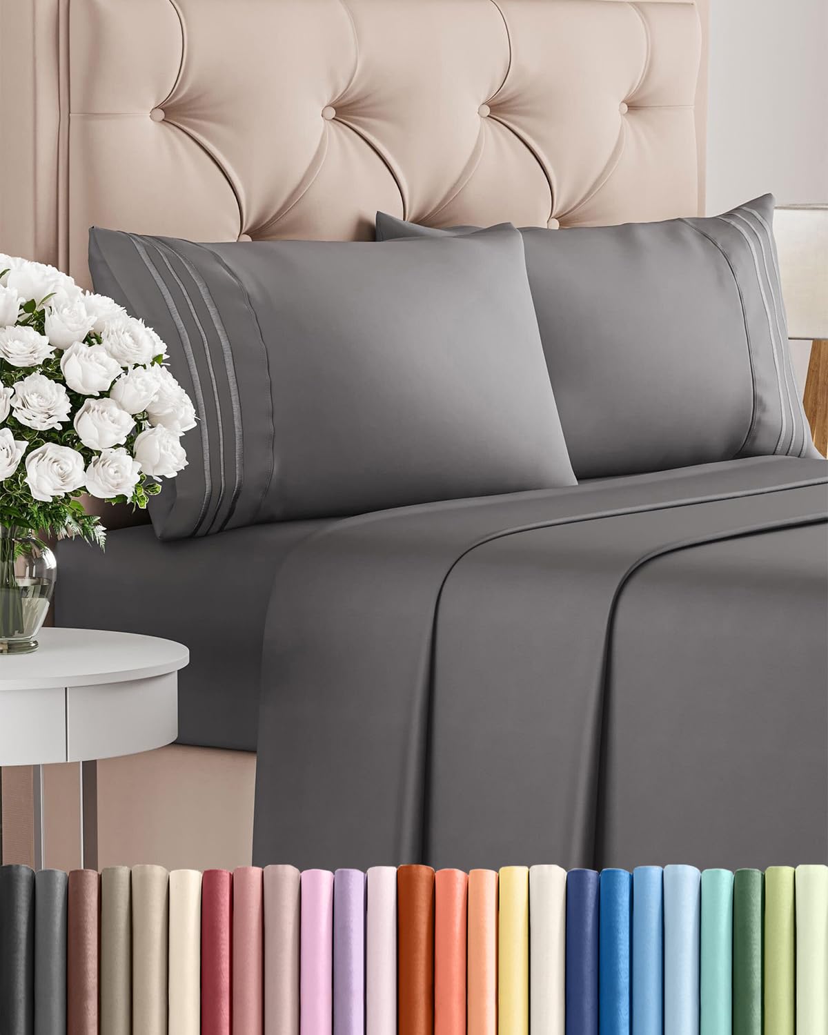 Queen Size 4 Piece Sheet Set - Comfy Breathable & Cooling Sheets - Hotel Luxury Bed Sheets for Women and Men - Deep Pockets, Easy-Fit, Soft and Wrinkle Free Sheets - Dark Grey Oeko-Tex Bed Sheet Set