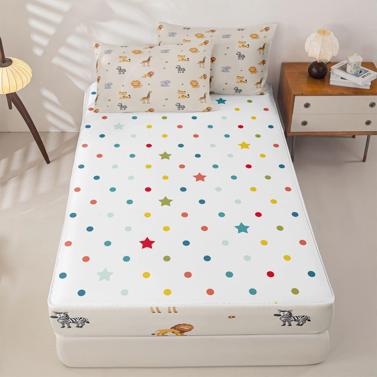 Erosebridal Cute Animals Zippable Bedding, Cartoon Giraffe Lion Tiger Wildlife Twin Size Comforter Set, Kids Zoo Wild Animals Sheets and Pillowcases, Elephant Zebra Woodland Zipper Bedding Set