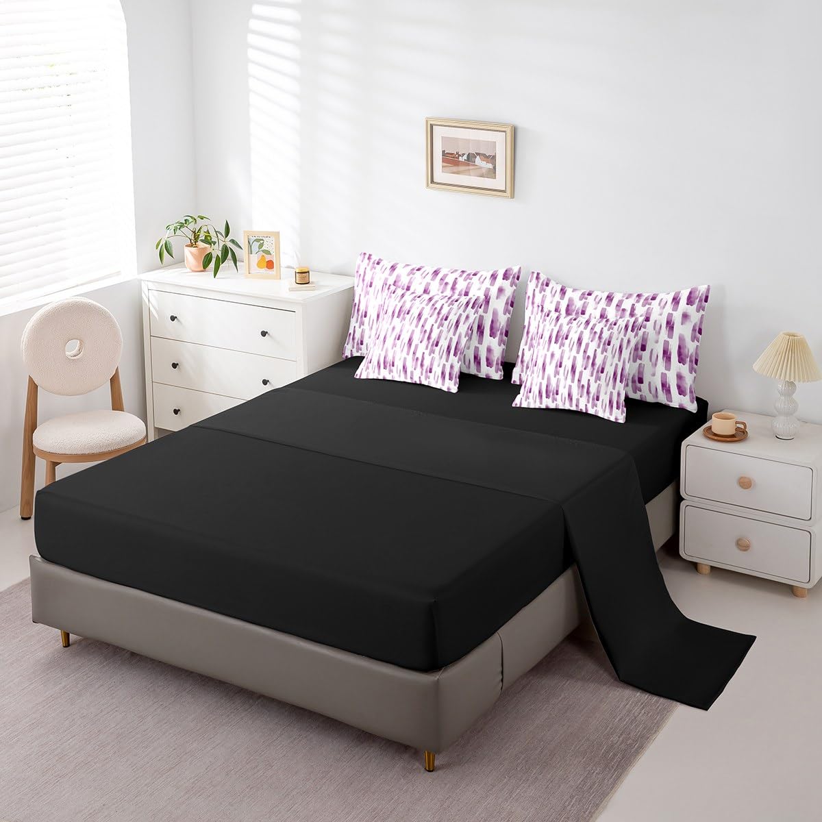 Erosebridal 7Pcs Purple Pink Striped Comforter Set King for Women Men,Modern Geometric Abstract Bedding,Gradient Art Aesthetic Bed in A Bag,Contemporary Boho Graffiti Quilt Set with Pillowcases