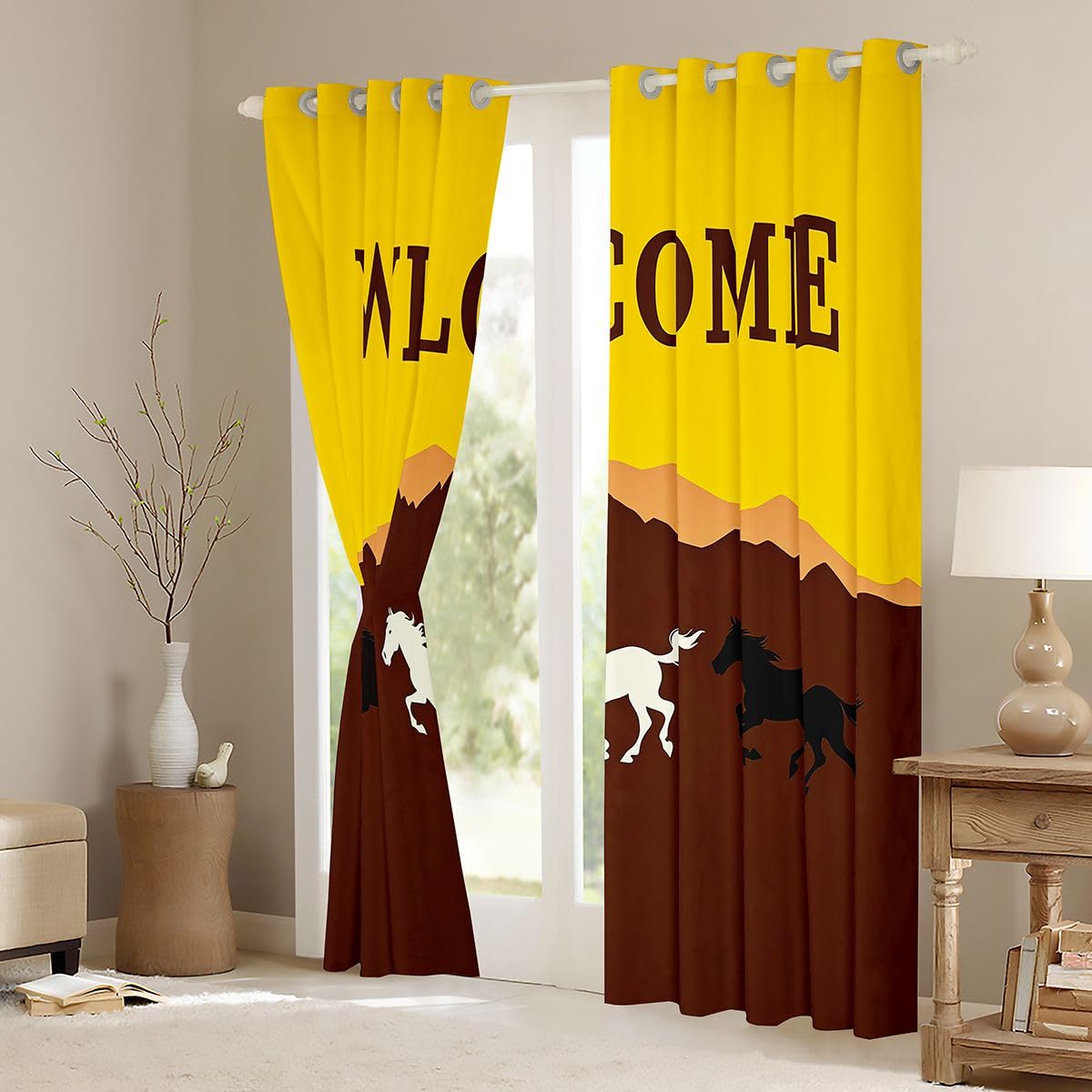 Feelyou Horse Curtains for Bedroom Living Room Galloping Horse Blackout Darkening Drapes Cute Animal Decor Window Treatments, 2 Panels 38 x 54 Inch Kawaii Room Decor Yellow Brown Black
