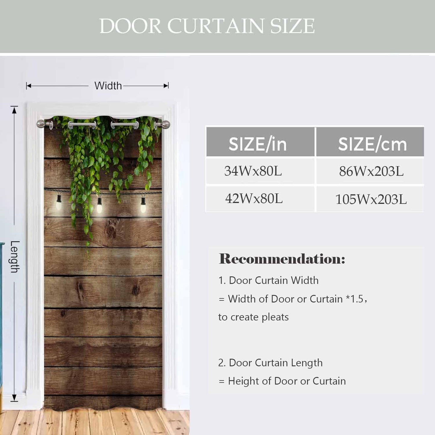 Haciadan Wooden Board Door Curtain Garland Lamps Green Leaves Doorway Curtain Blackout for Bedroom Living Room,34x80 Inch 1 Panel