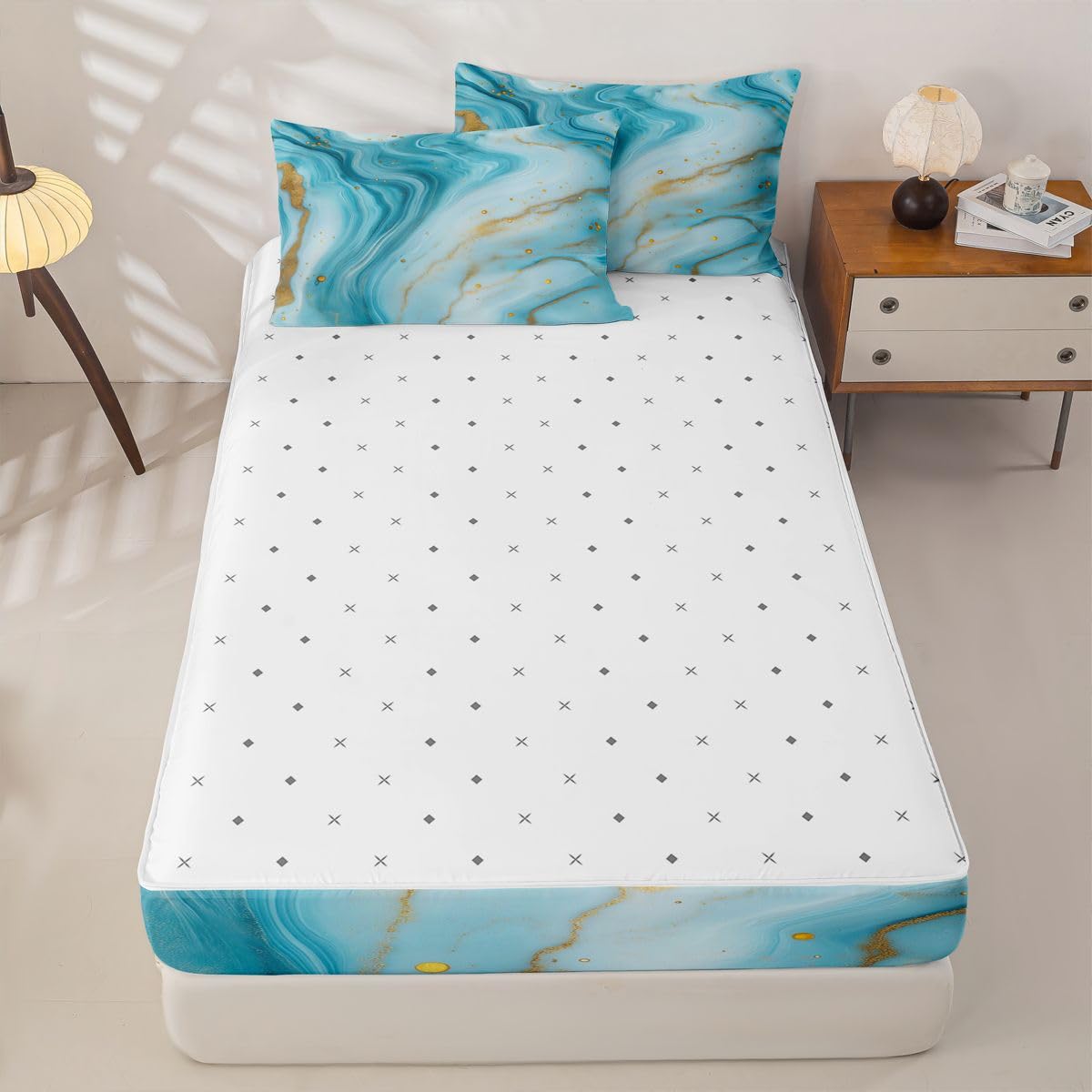 jejeloiu Marble Print Zipper Bedding Twin Abstract Zipper Bedding Sets for Kids Boys Girls Aqua Blue Comforter Set with Fitted Sheet and 2 Pillowcases Marble Swirl Pattern Bedroom Decor