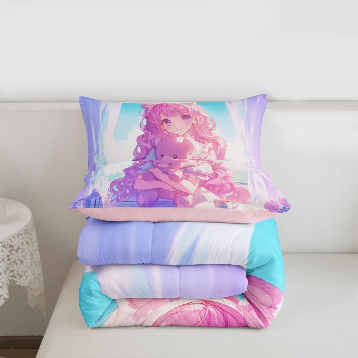 Erosebridal 3D Anime Girl Comforter Set Full, Japanese Girl Romance Love Bedding Cartoon Anime Gifts Bedding Comforter Sets, Rabbit Lovers Gifts - 1 Comforter 2 Pillow Cases