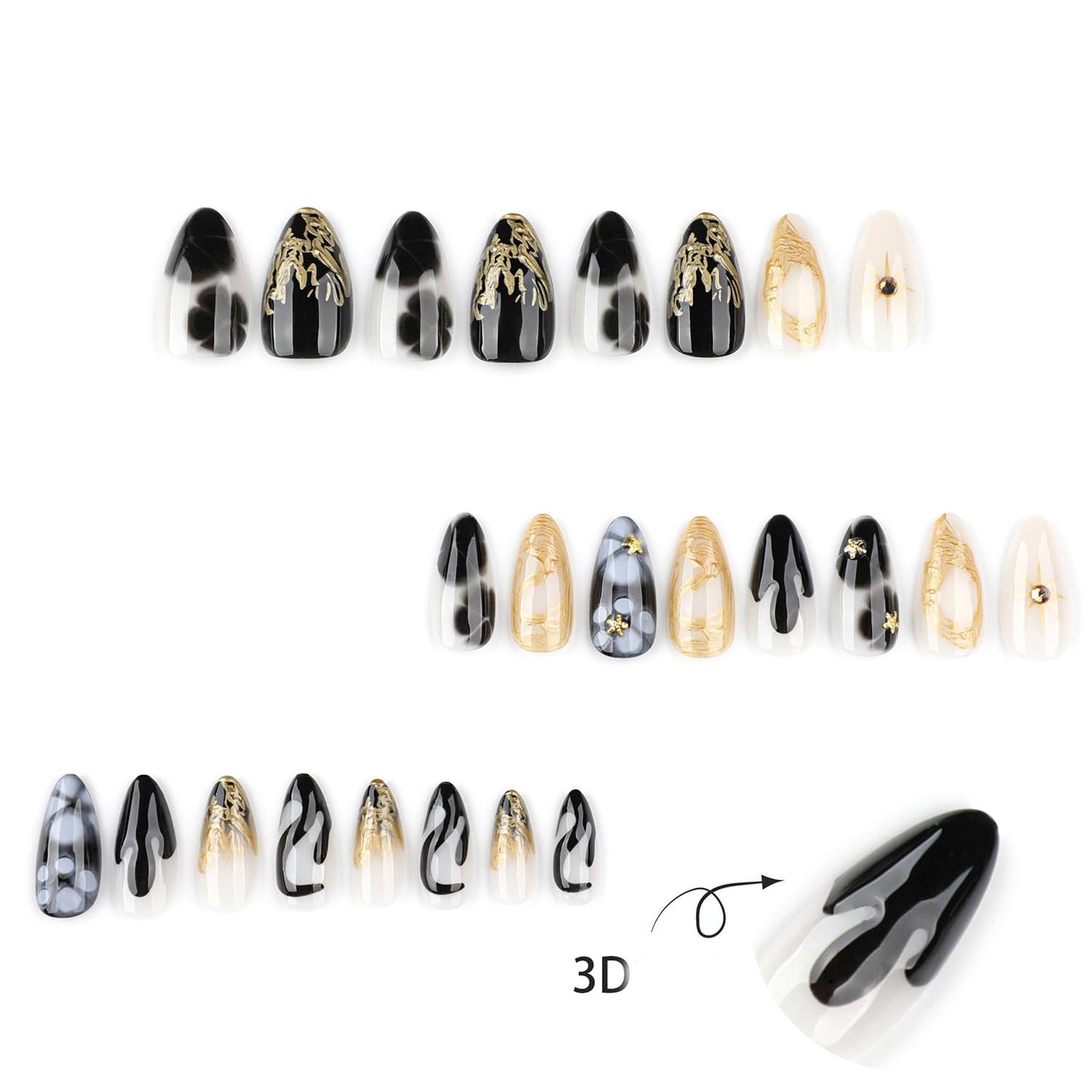 Black Press on Nails Short Almond Fake Nails with 3D Star Rhinestones Gold Stripes Designs Glossy Flowers Glue on Nail Reusable Artificial Acrylic Full Cover Stick on False Nail for Women 24Pcs
