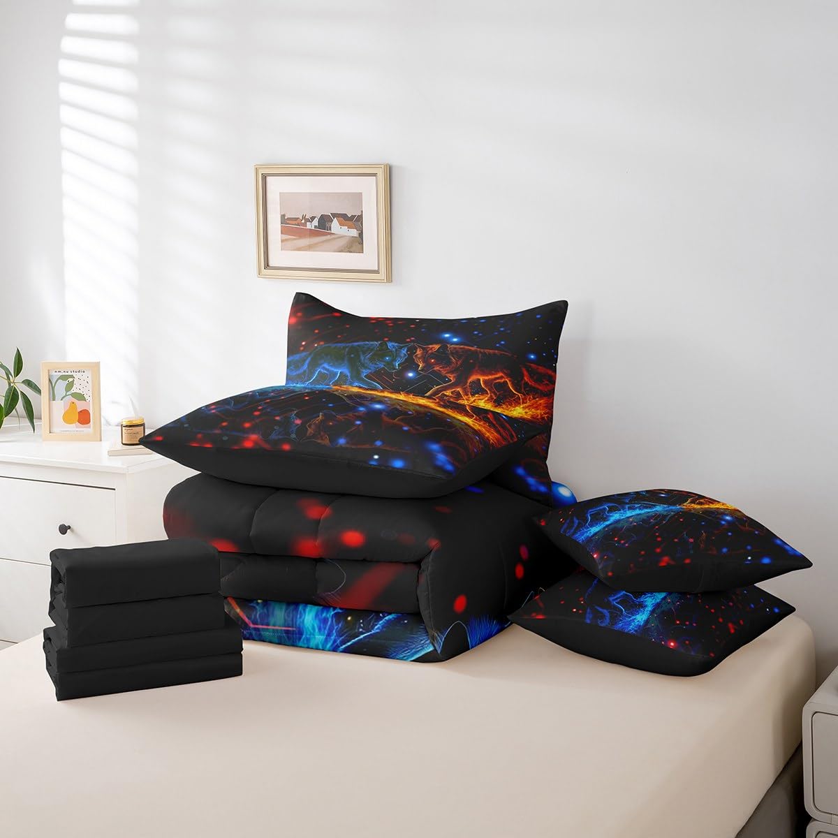 jejeloiu Wolves Howling Bed Set Wild Animal 7 Pieces Bedding Set for Kids Animal Wolves Bed in a Bag with Comforter, Sheets, Pillowcases Ultra Soft Dot All Season Breathable Lightweight Twin Size