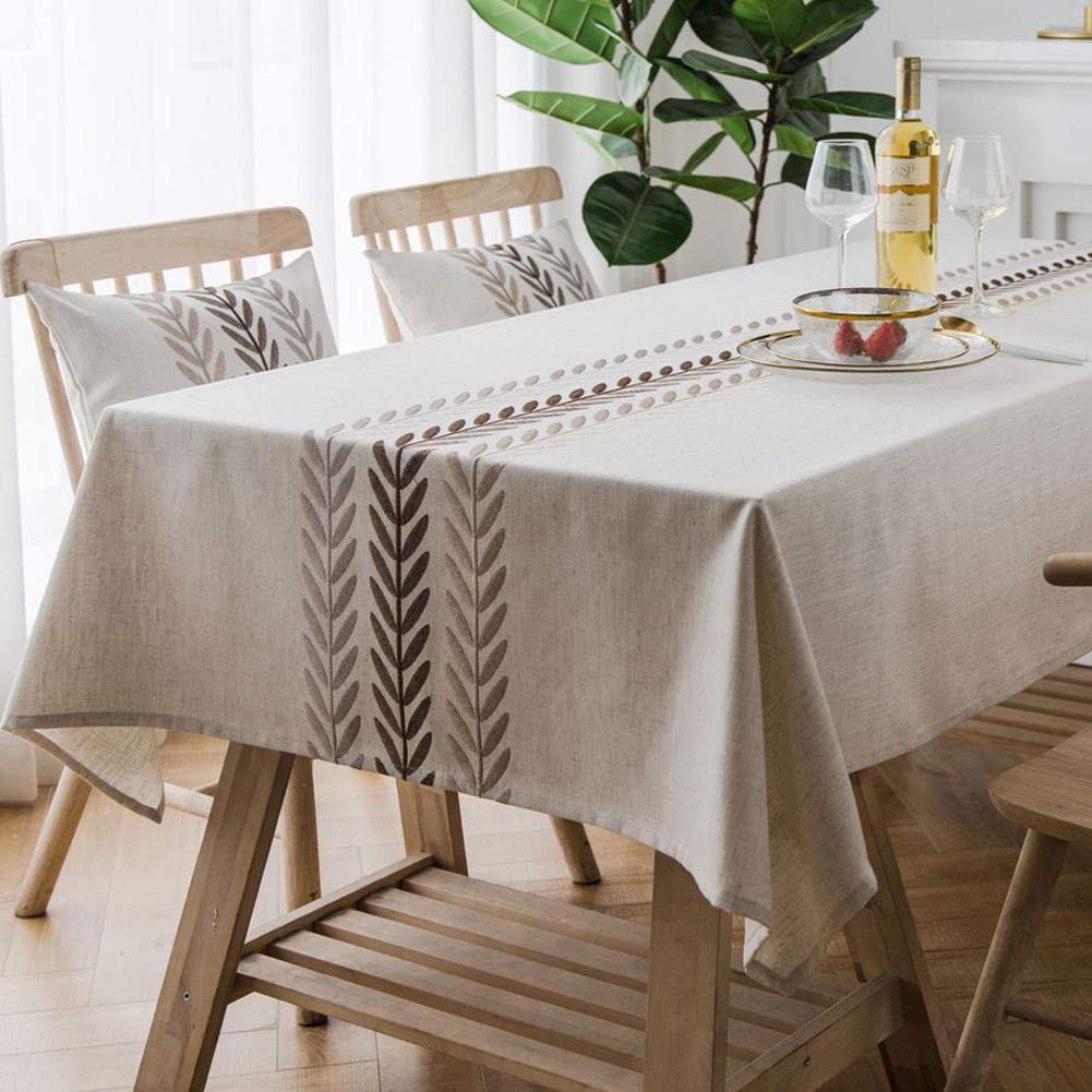 AMZALI Elegant Embroidery Spill-Proof Water Resistance Table Cloth Wrinkle Free Heavy Weight Cotton Linen Tablecloth Fabric Table Cover for Outdoor Indoor (Square 53 * 53 Inch)