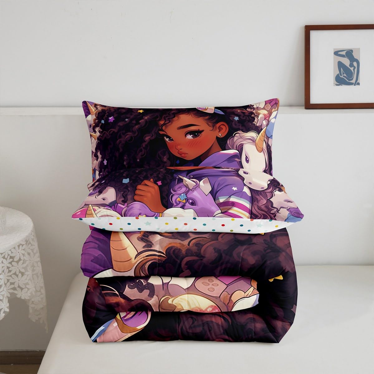 Erosebridal Black Hair Girls Bedding Set Cartoon Unicorn Twin Comforter Set,American African Kids Quilt Cute Afro Melanin Princess Down Comforter,Magical Animal Dreamy Horse Rainbow Room Decor