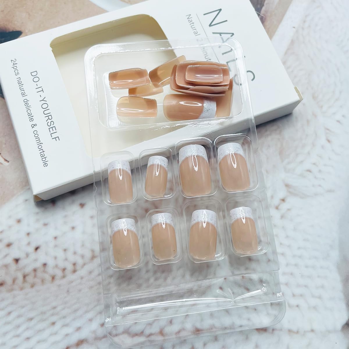 NEWSPIED 24Pcs French Tip Press On Nails Medium Square Glitter Acrylic Nails with White Gradient Design Glossy False Nails Reusable Nude Stick On Nails for Women Manicure Decor Supplies