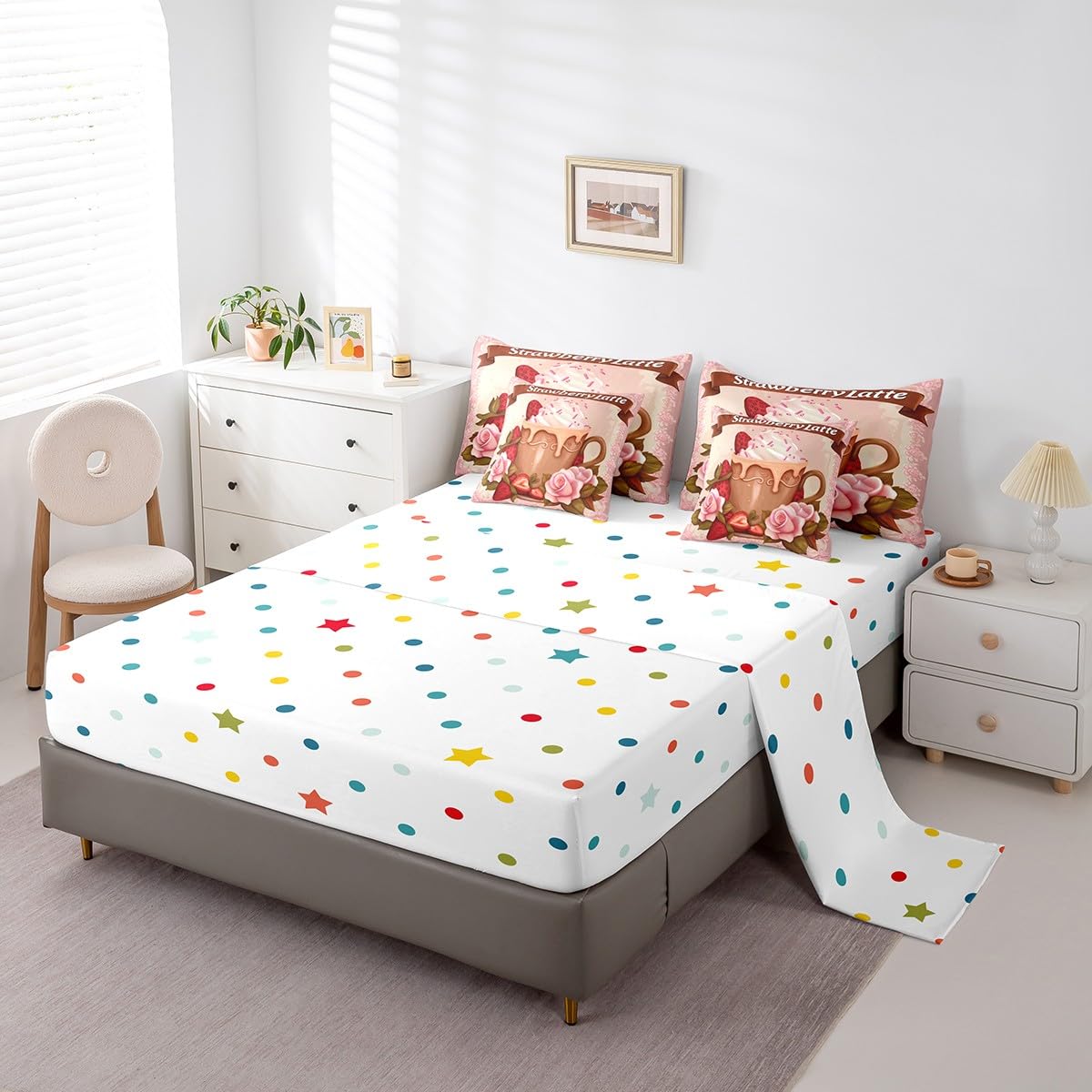 Erosebridal Strawberry Lattle Bedding Set for Kids Teens,Delicious Fruit Comforter Set Full Size,Girls Strawberry (Comforter+Fitted+Flat Sheet+2 Pillowcases+2 Throw Pillow Covers) 7 Pieces Bed Set