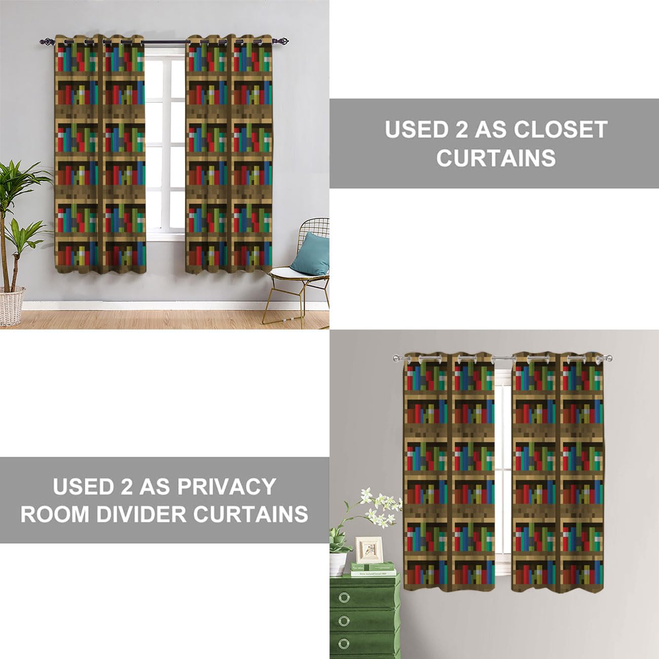 Wuminmin Pixelated Bookshelf Curtain, Educational Bookcase Pixel Art Video Game Closet Cover Curtain for Darkening Door Drape for Kids Teens Boys, 1 Panel 34" W x 80" L