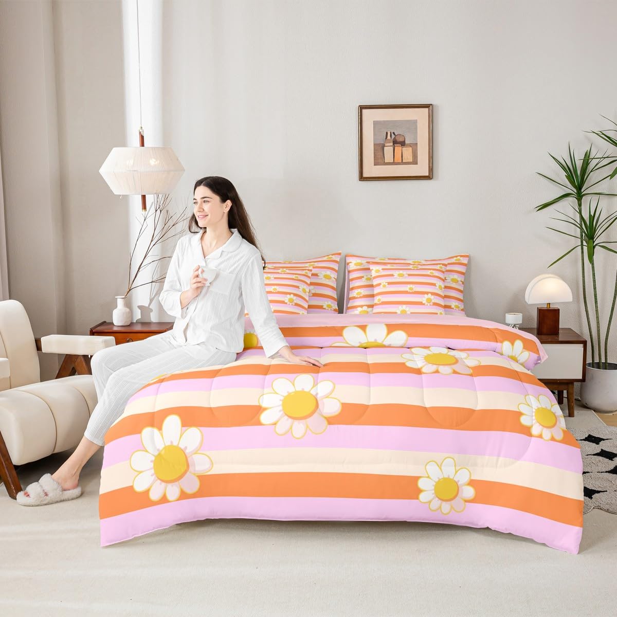 Erosebridal Cute Daisy 7-Piece Bedding Set For Kids Girls Pink Orange Comforter Set With Sheets Twin Size Cartoon Flower Bed In A Bag For Teen Girls Young Women Groovy Trendy Geometric Stripe Bed Sets