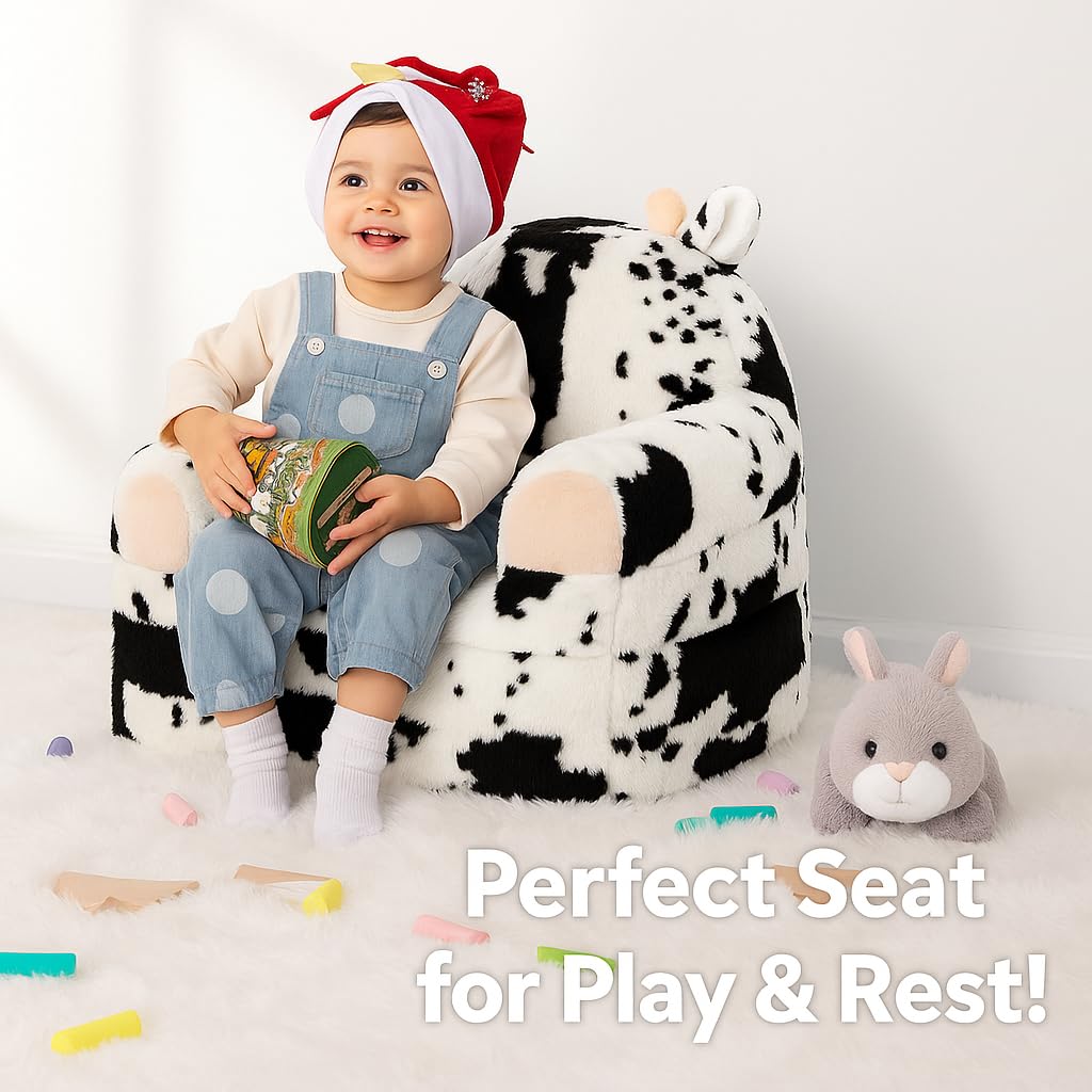 QIUODO Toddler Chair with Faux Rabbit Fur – 2-in-1 Foldable Kids Couch, Soft Sofa for Reading, Bedroom or Playroom Use, Ages 1-3（Cow）
