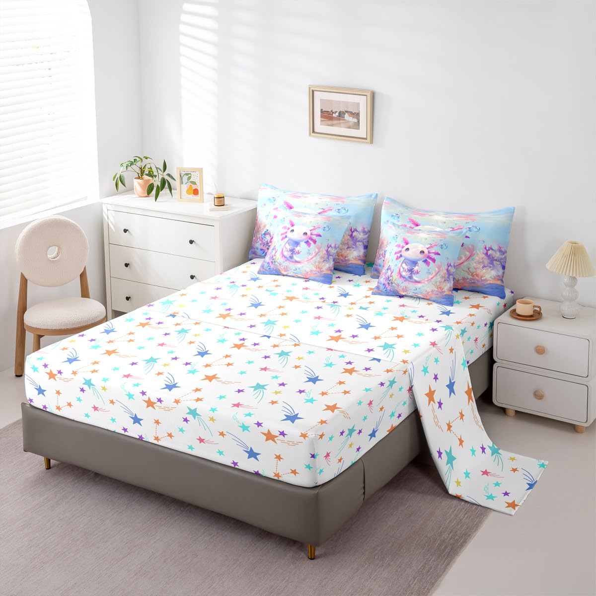 Erosebridal Queen Size Girls Cute Axolotl Bed in A Bag (7 Pieces) | Kids Sea Ocean Animal Comforter Set with Sheets Girly Cartoon Axolotl Bedding Set for Teens Kawaii Salamander Quilt Duvet Insert