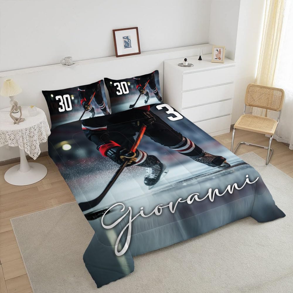 WAZARO Custom Amazing Ice Hockey Comforter Set, Personalized Hockey Bedding Twin Full Queen King, Hockey Decorations for Boys Room Bedspreads Sport Home Decor (Love Ice Hockey)