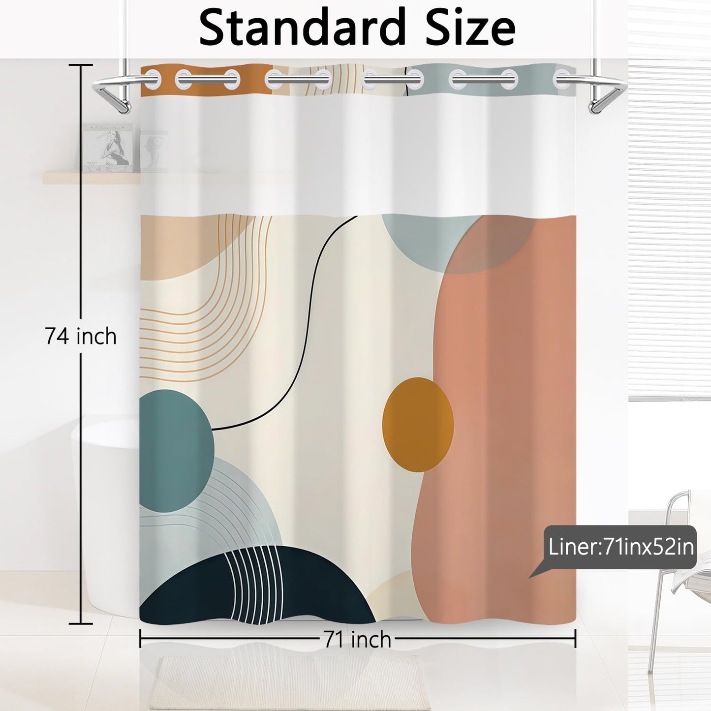 NAEMBCU No Hook Shower Curtain with Snap in Liner, 71x74 Inch