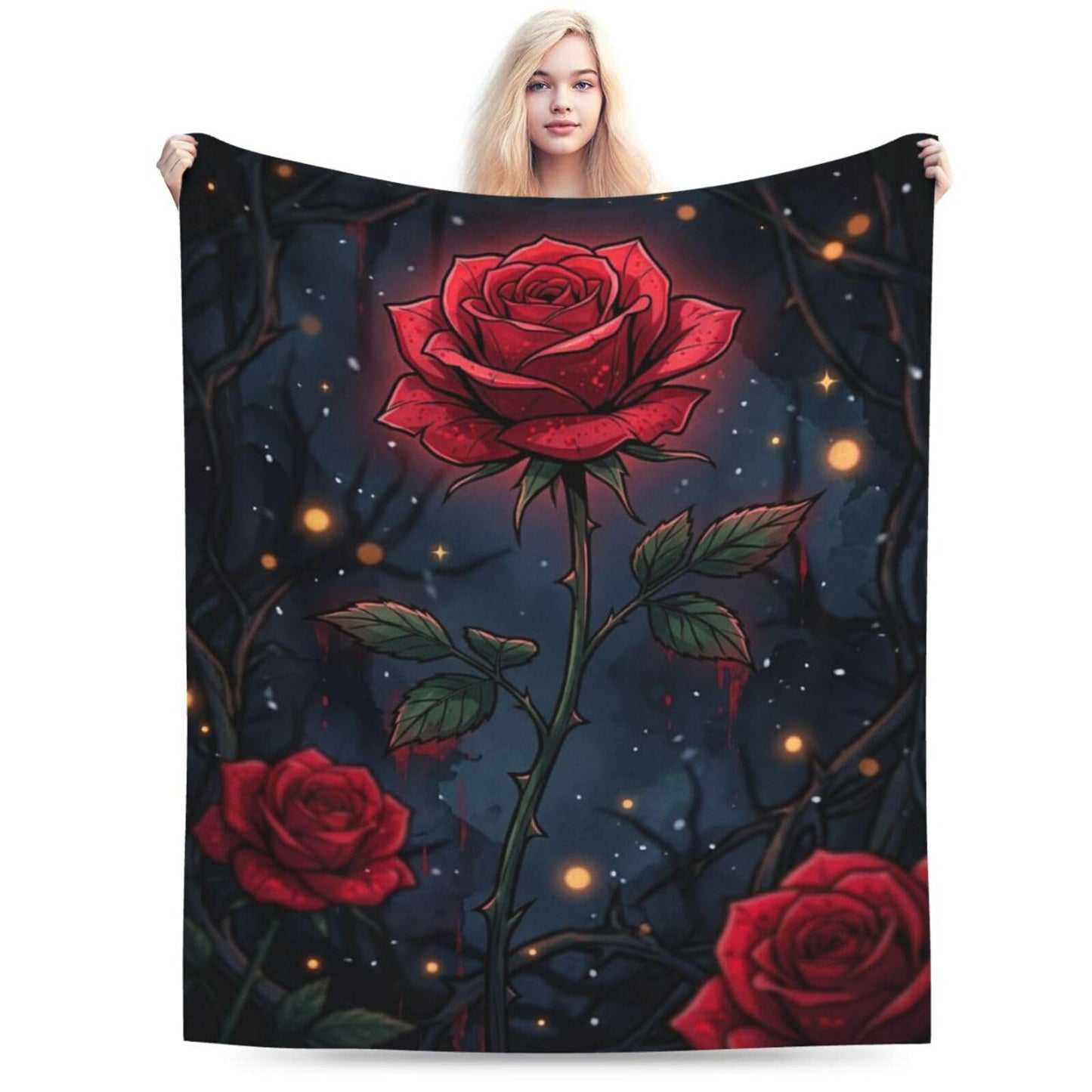 Gothic Red Thorn Rose Dark Glowing Floral Art Print Flannel Blanket