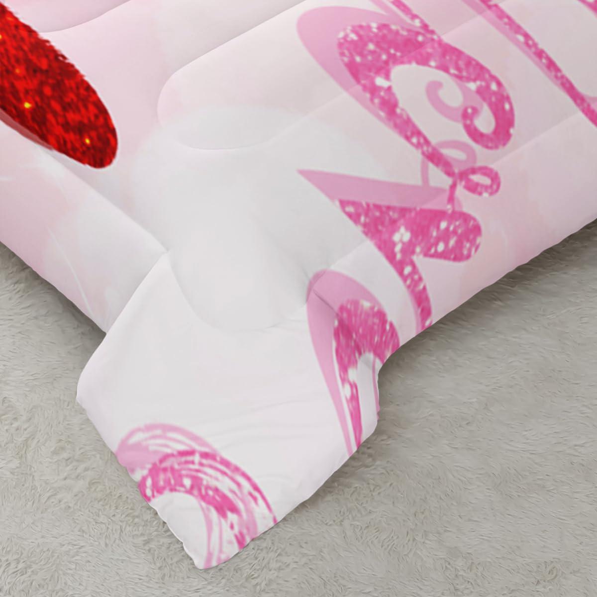 Nttopship Pink Love Heart Comforter Bedding Set with 2 Pillowcase Twin Size Pink Girl Comforter Set for Kids Boys Girls Bedroom Decor