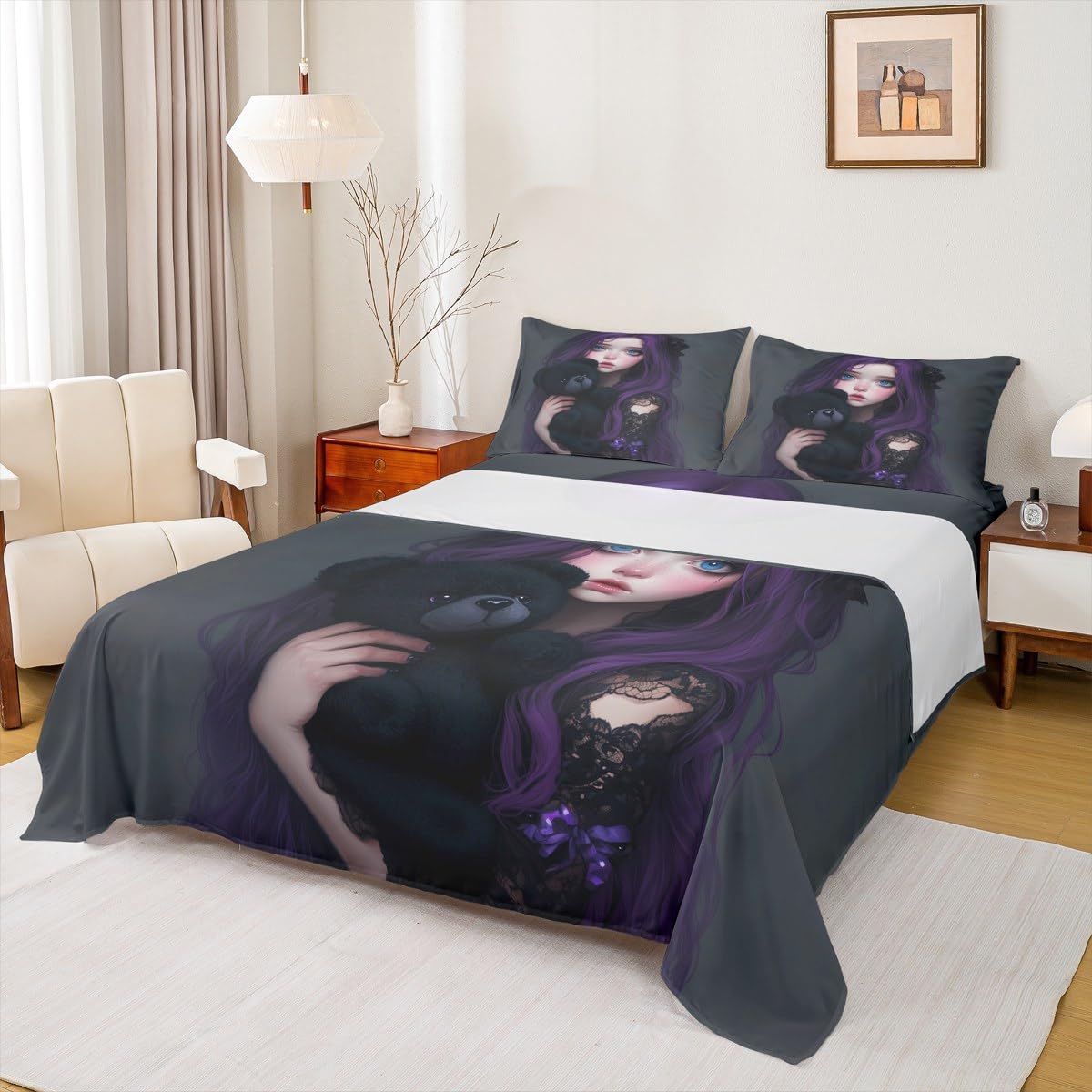 Erosebridal Anime Girl Bed Sheets Set Full for Kids, Kawaii Girl Flat Fitted Sheet Japanese Style Bedding Sets for Girls Adult Japanese Animation Bedding Sets for Bedroom Decor 2 Pillow Cases
