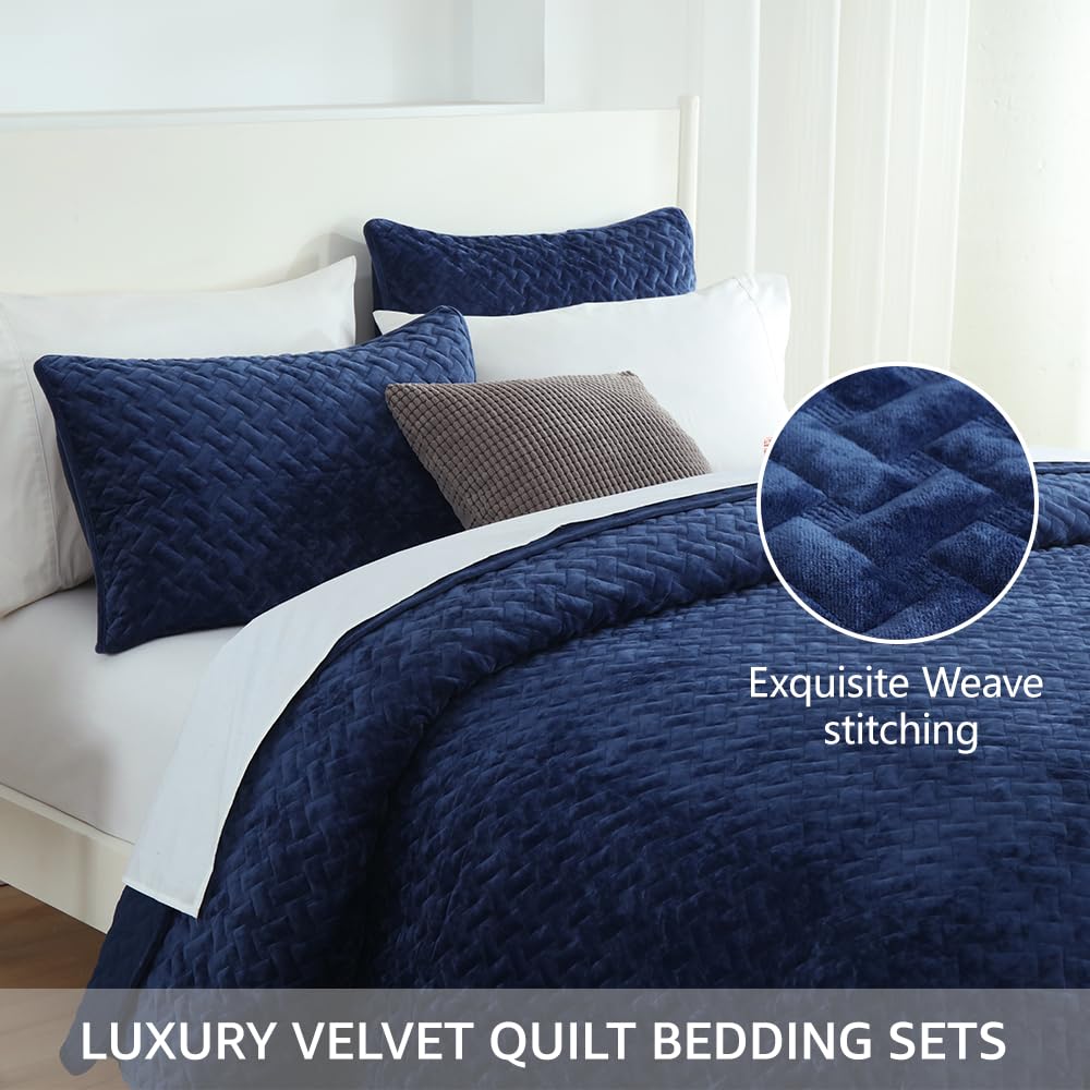 Liians Velvet Bedspread Quilt Bedding Sets,Luxury Elegant Ultra Soft Velvet Comforters Coverlet Blankets,Weave Stitching Pattern Cotton Quilted Bedspread for All Seasons,Navy Blue,King Size