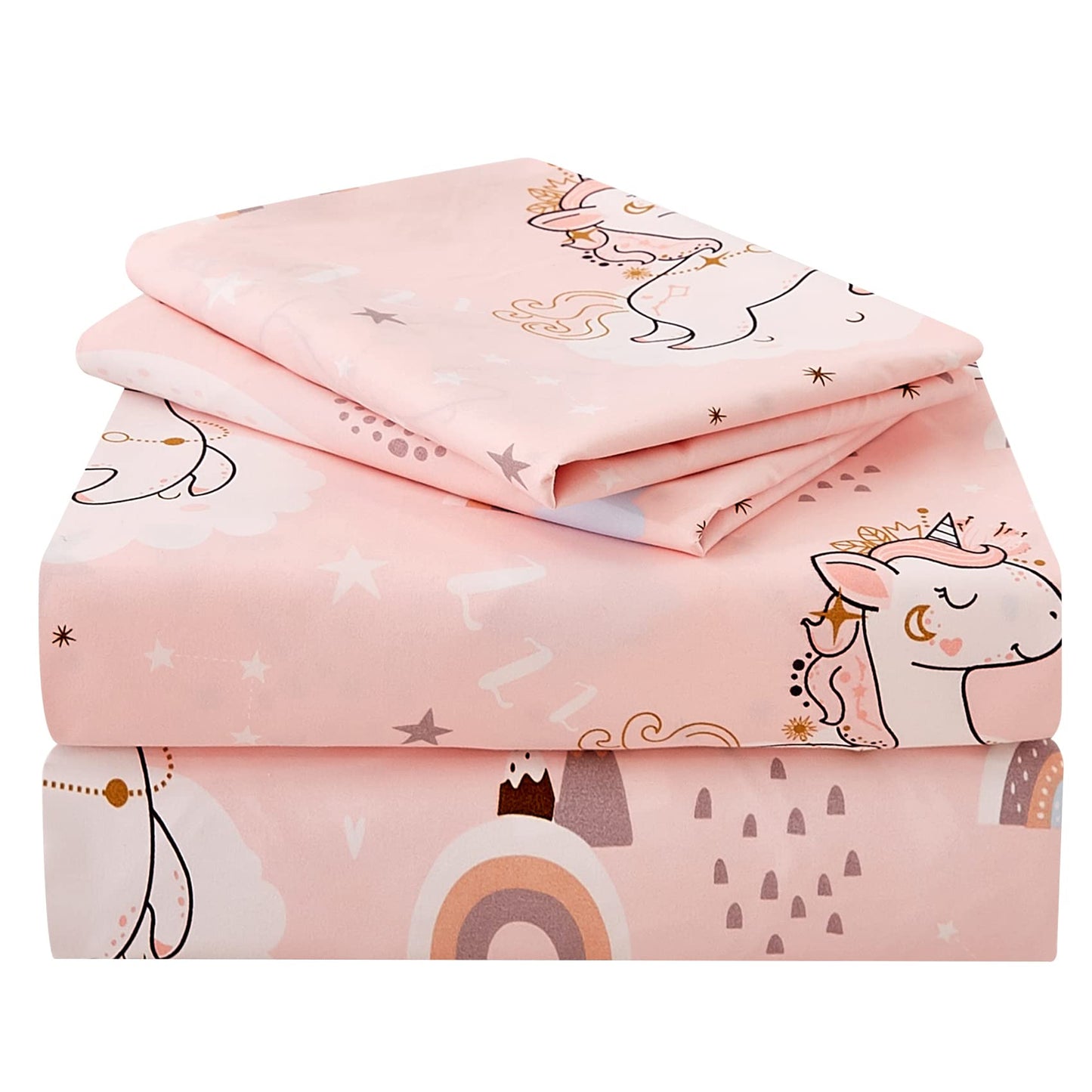 JSD Pink Unicorn Kids Sheet Set Full Size, 4 Piece Girls Rainbow Printed Microfiber Bed Sheets Deep Pocket