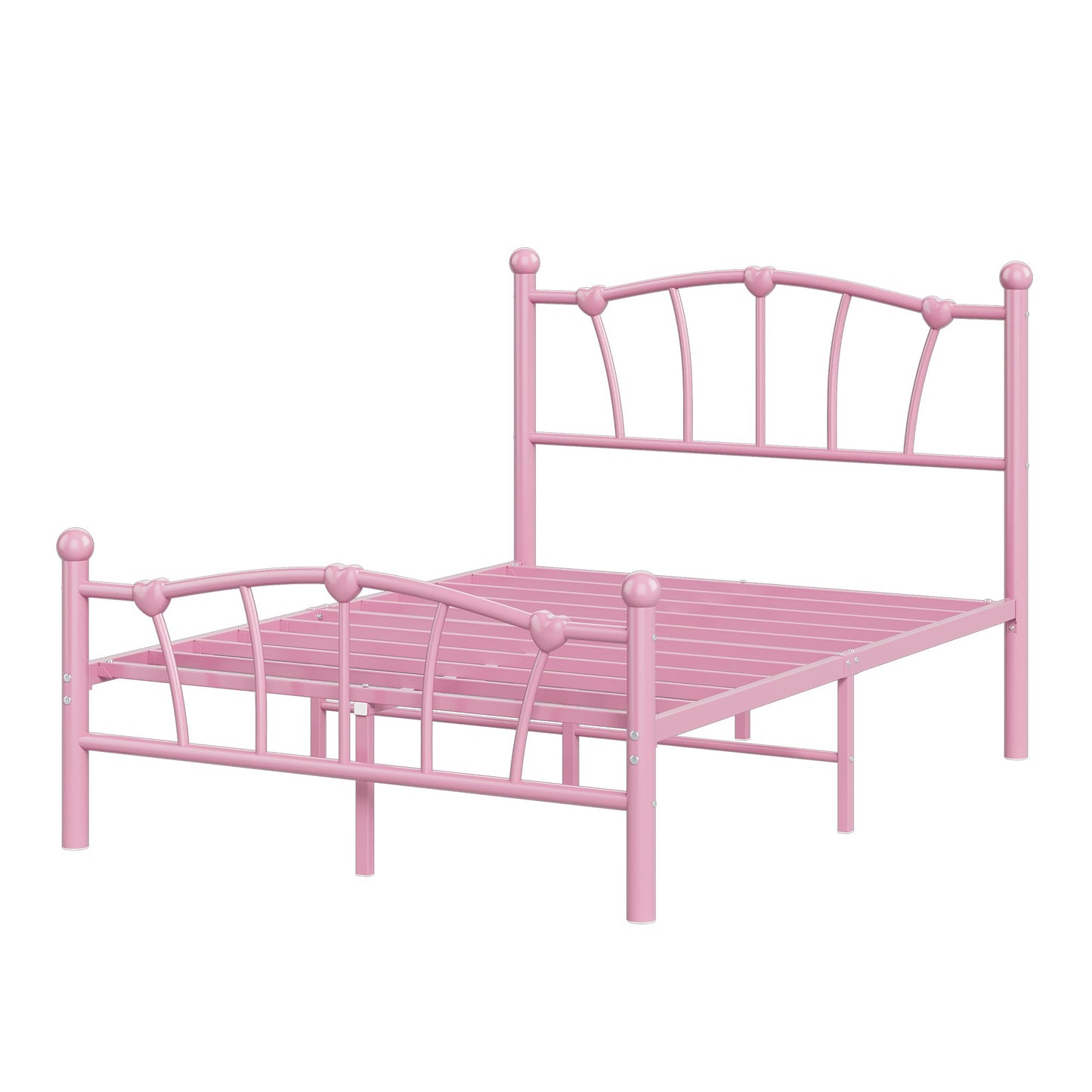IDEALHOUSE Full Bed Frame for Kids, Full Size Bed with Headboard and Footboard, Heart Shaped Platform Bed Frame, Heavy Metal Slat Support, Noiseless, No Box Spring Needed, Pink