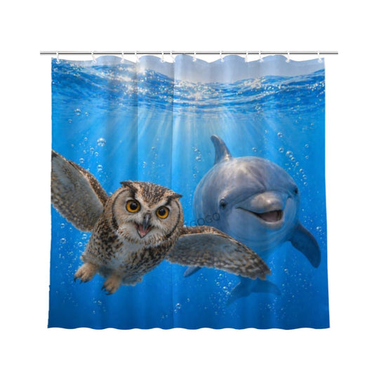 LFINKARTGOGO Ocean Owl Shower Curtain 72x72 with 12 Hooks Underwater Animal Dolphin Waterproof Washable Polyester Bath Curtain for Home Hotel Decor