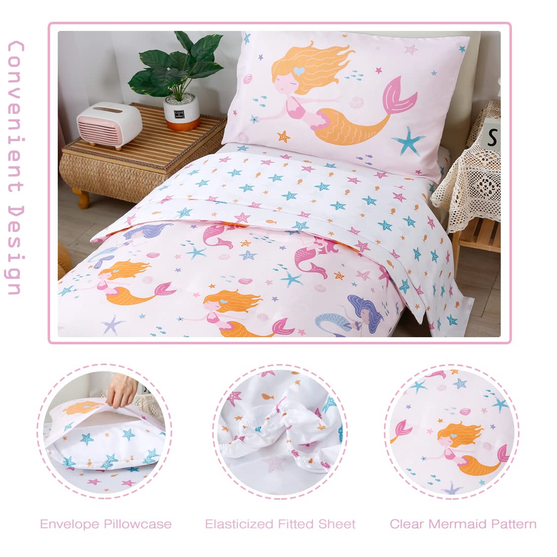 PERFEMET Toddler Bedding Sets Girls 4 Pieces Pink Mermaid Toddler Bed in A Bag Soft Reversible Blush Toddler Bed Set Include Comforter, Flat Sheet, Fitted Sheet, Pillowcase