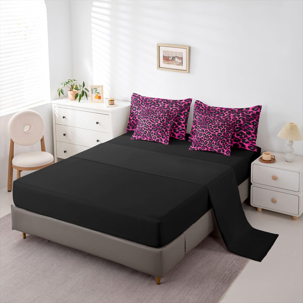 Erosebridal 7 Pcs Comforter Set King Size, Leopard Print Wild Animal Bedding Set for Kids and Adults, African Cheetah Wildlife Bed Sheet Sets with Fitted Sheet Pillowcases & Shams, Hot Pink Black