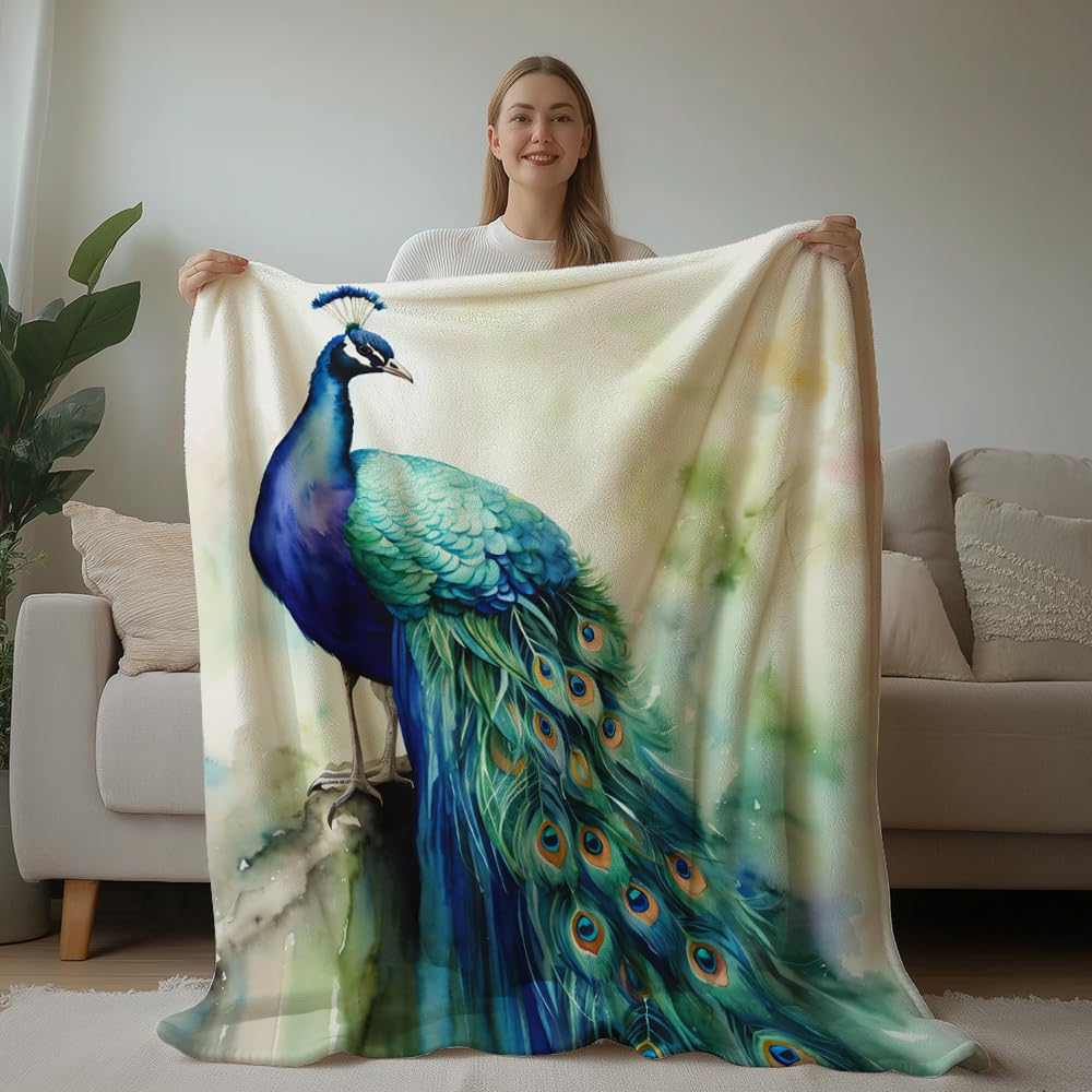 HUNXIAOJ Peacock Throw Blanket for Couch Peacock Themed Decor Animal Print Blanket King Size Soft Warm Flannel for Sofa Bed (50 in x 60 in)