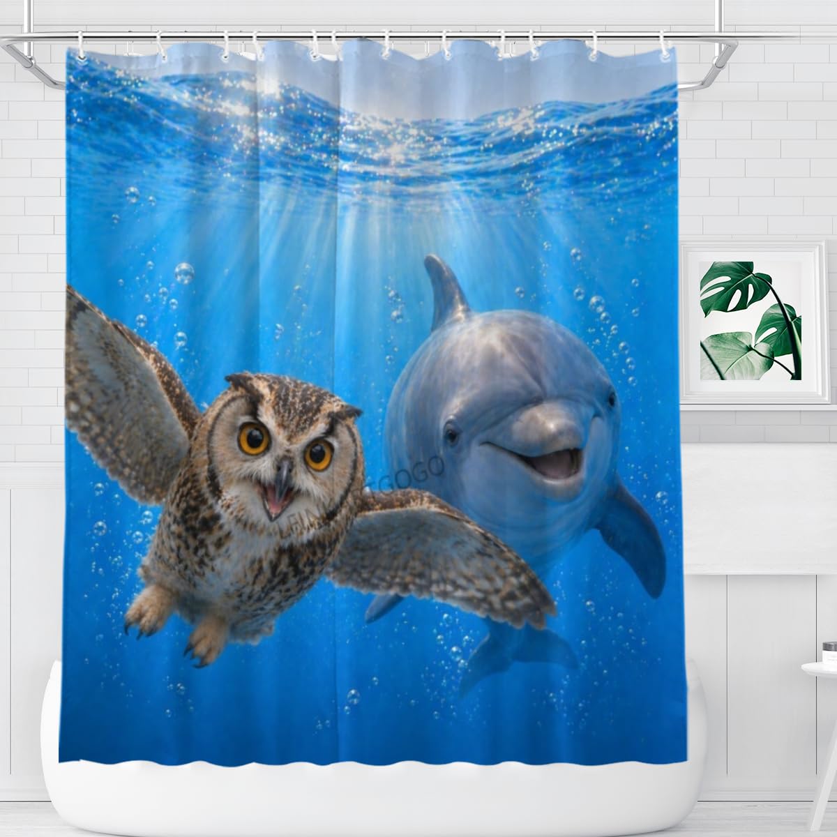LFINKARTGOGO Ocean Owl Shower Curtain 72x72 with 12 Hooks Underwater Animal Dolphin Waterproof Washable Polyester Bath Curtain for Home Hotel Decor