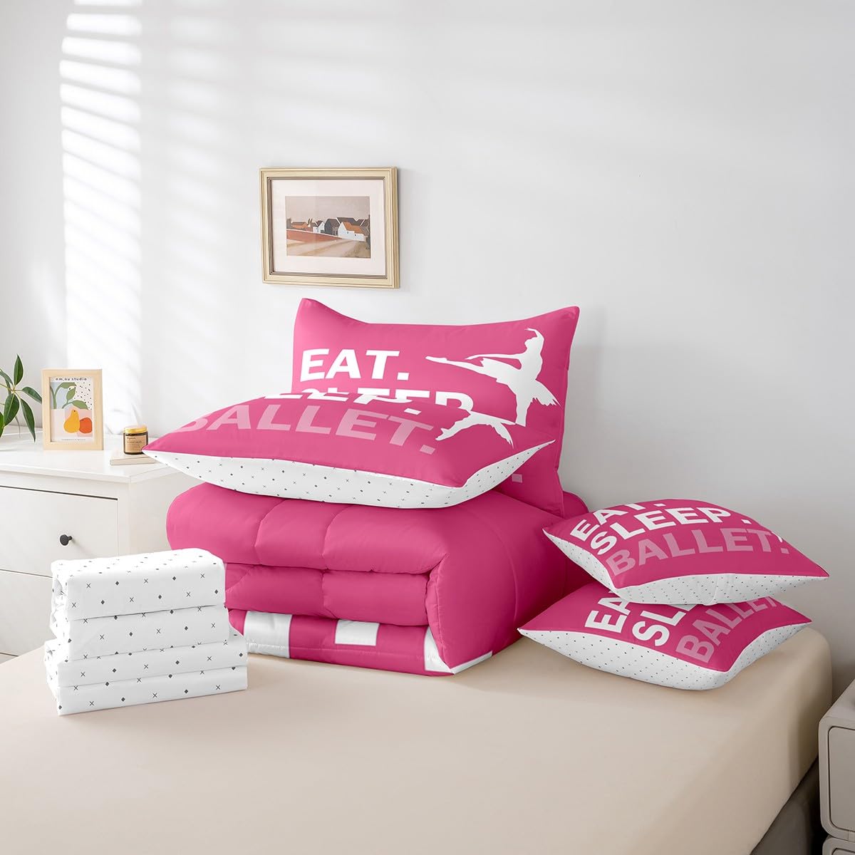 Feelyou Girls Ballet Comforter Set 7 Piece Twin Size Dallet Dancer Bedding Set for Kids Women Ballerina Decor Bed in A Bag Pink Bed in a Bag Boys Bed Set with Sheets, Pillowcases, Pillow Covers