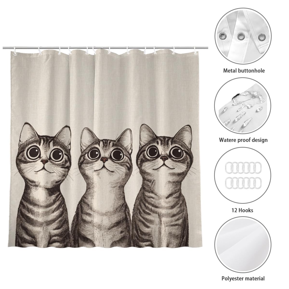 KEEPAEON Funny American Shorthair Bath Shower Curtain, Bathroom Curtain Washable Cloth Kids Shower Curtain Sets with 12 Hooks for Bathroom Decor, 72"x72"
