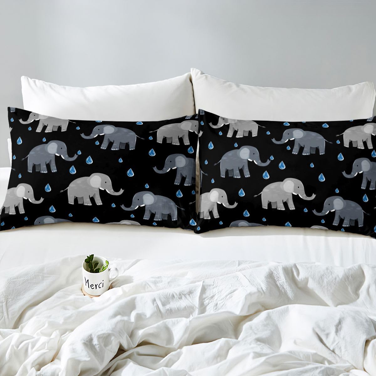 Erosebridal Elephant Comforter Cover Twin Black and Gray Duvet Cover for Kids Teens Raindrops Bedding Set Wild Animals Bed Set