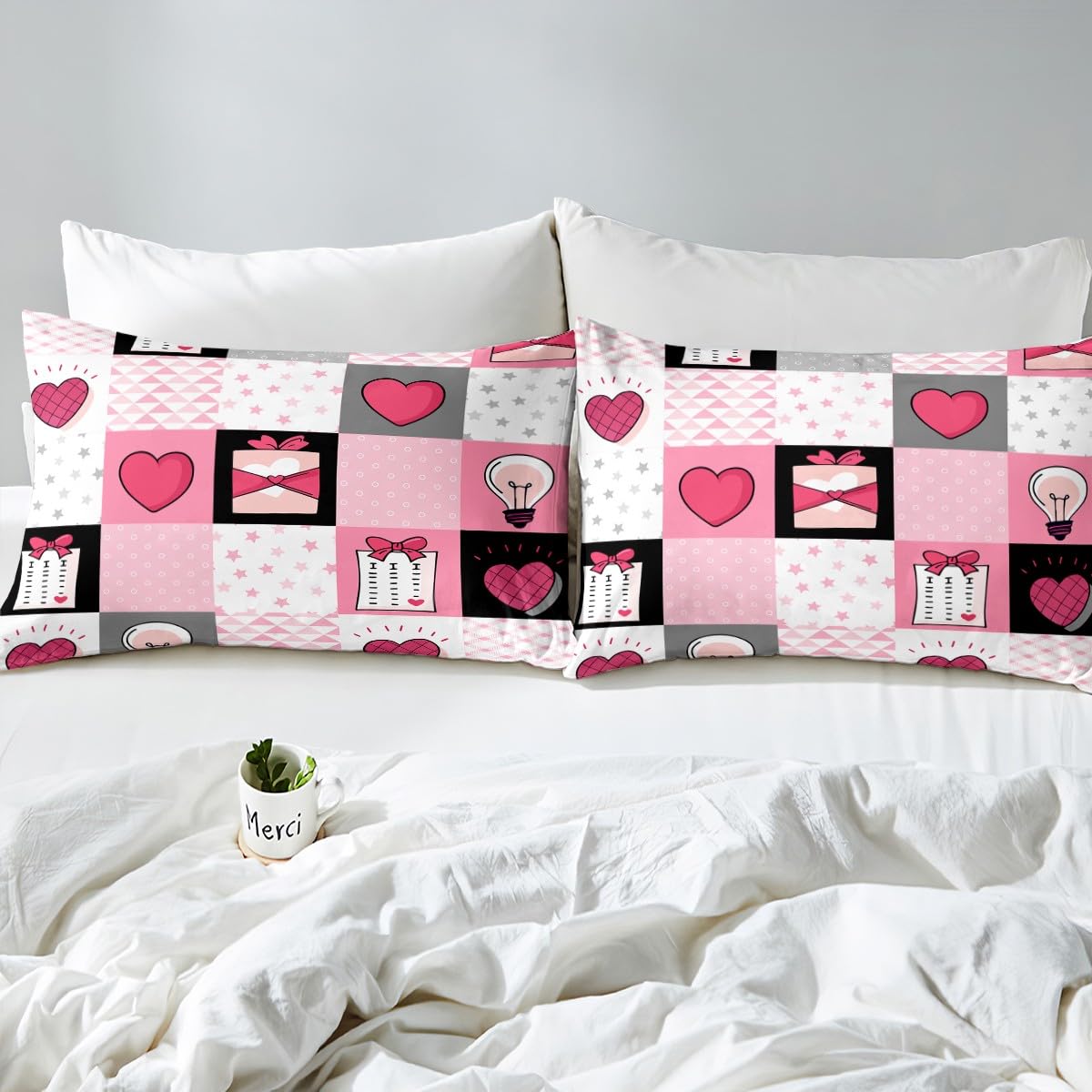 Feelyou Boys Girls Valentine's Day Bed Sheet Set Full Size, Glitter Pastel Fitted Sheet Kids Love Heart Bedding Set Romantic Teens Bed Cover Bedroom Decor with 2 Pillow Case (No Flat Sheet)