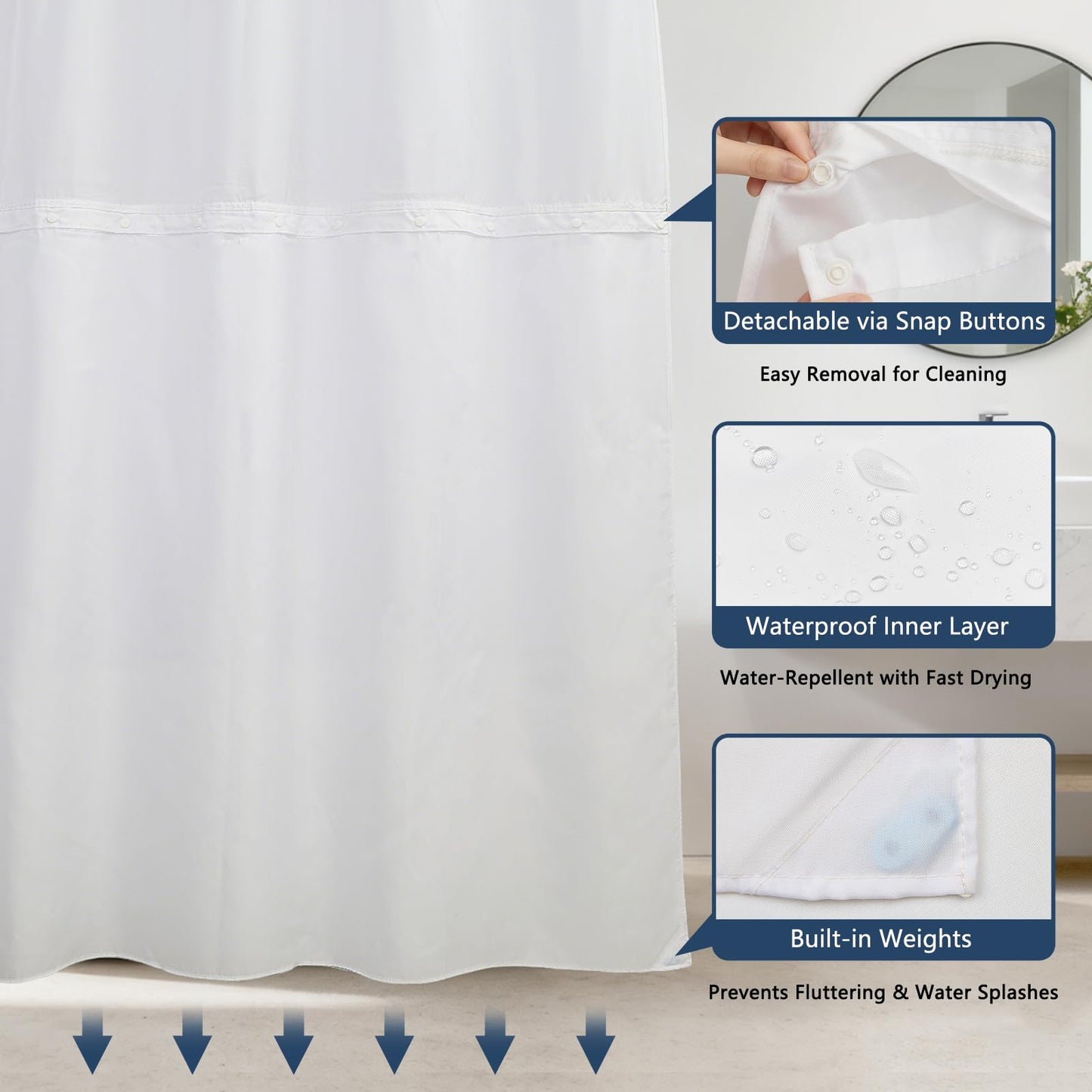 NAEMBCU No Hook Shower Curtain with Snap-in Liner 71x74 Inch