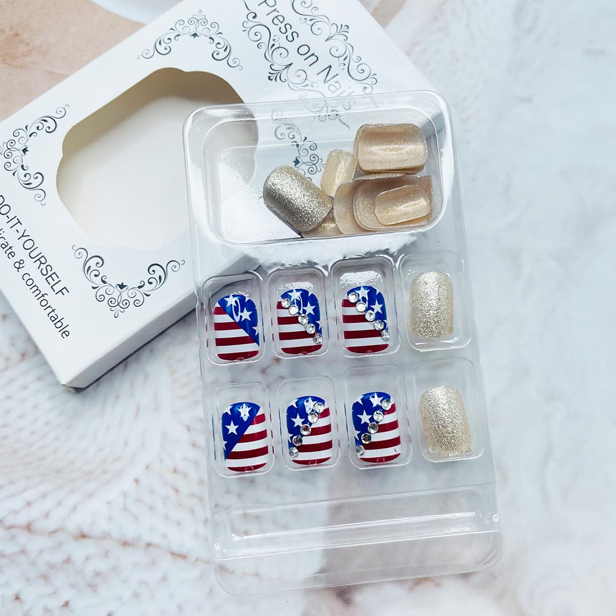 24Pcs Independence Day Press on Nails Short Square Fake Nails with Rhinestones Designs 4th of July Glue on Nails Full Cover Silver Glitter Acrylic Stick on Nails for Women 4th of July Nails Decor
