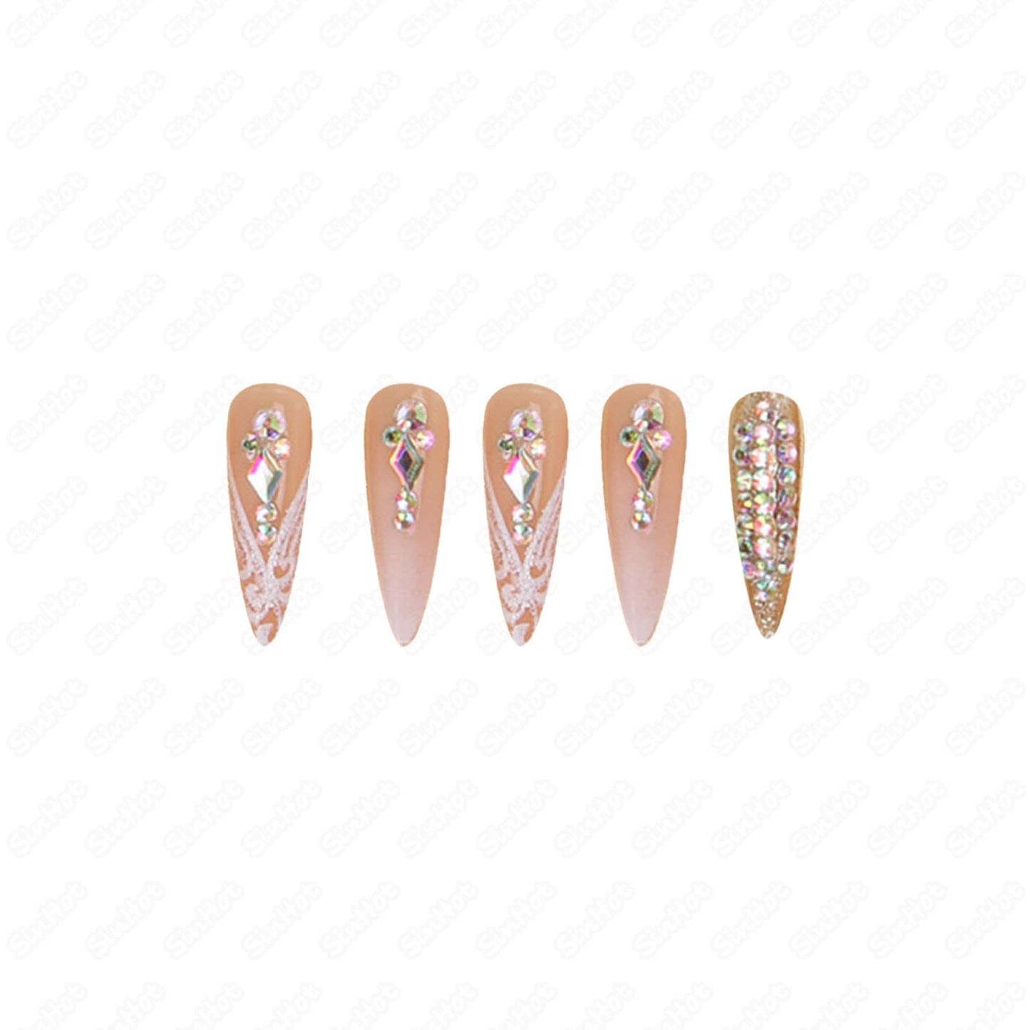 SINHOT Stiletto Press on Nails Long Fake Nails Glossy Glue on Nails Luxury Rhinestones Acrylic Nail White Bling Glitter Almond Artificial Nail Stick on False Nail with Design 24pcs