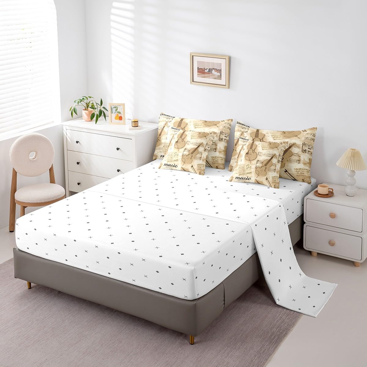 Erosebridal Vintage Violin Comforter Set 7 Piece Bed in a Bag Twin,Abstract Cello Bedding Sets Music Notes Comforter and Sheet Set,Violoncello Musical Instruments Bed Set
